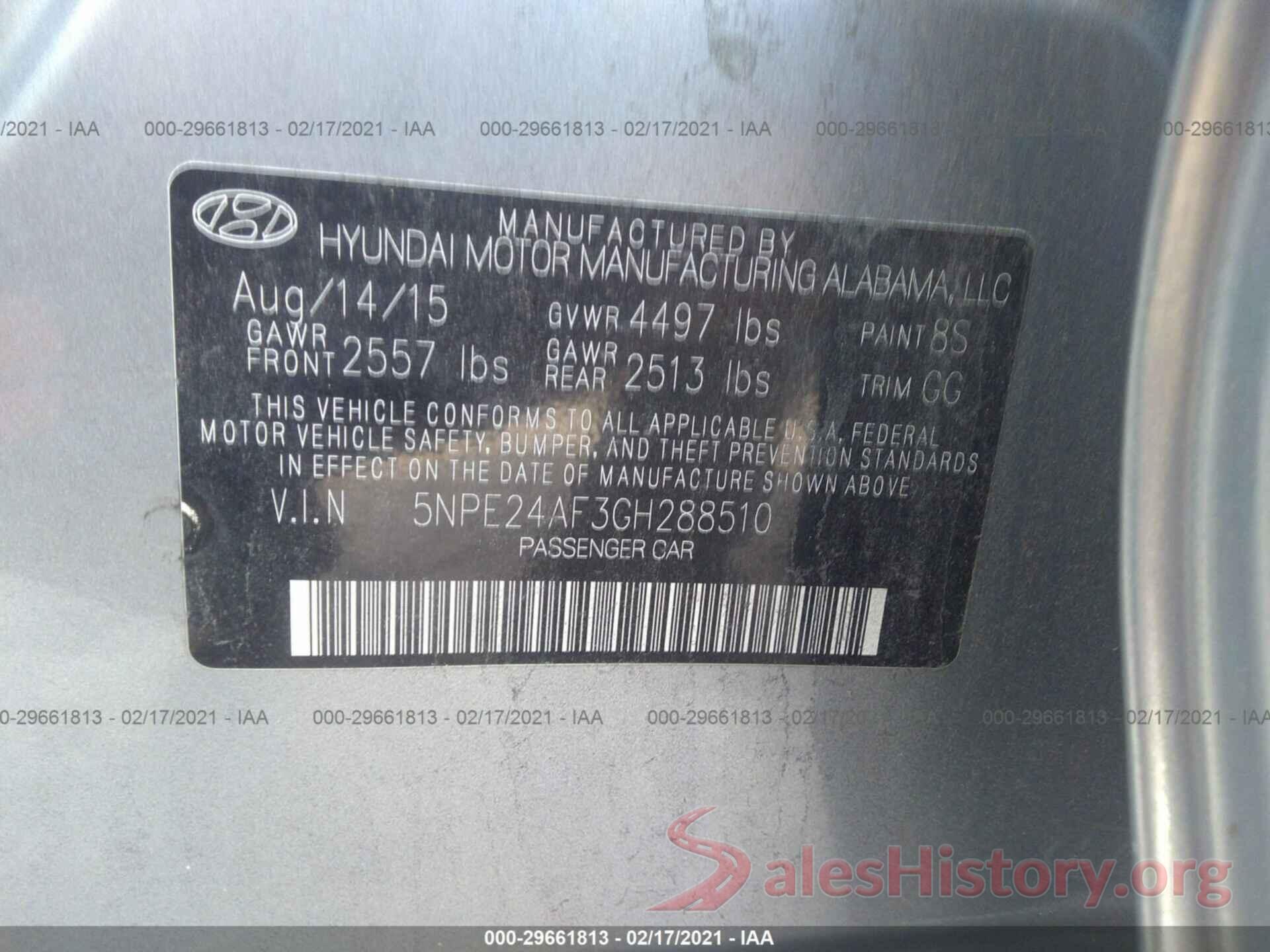 5NPE24AF3GH288510 2016 HYUNDAI SONATA