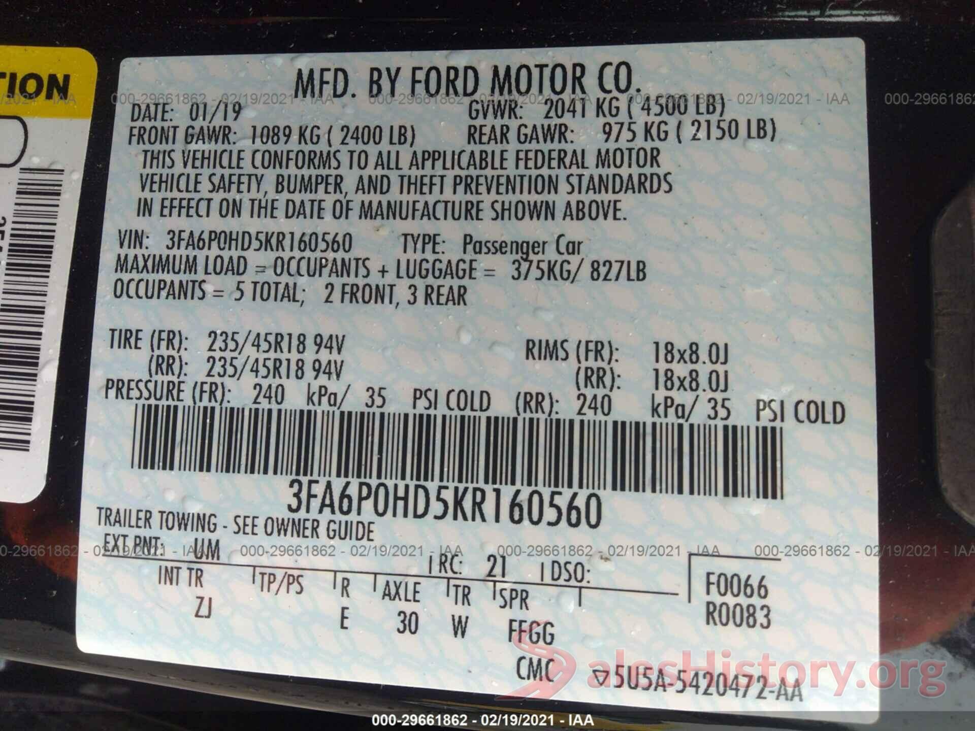 3FA6P0HD5KR160560 2019 FORD FUSION