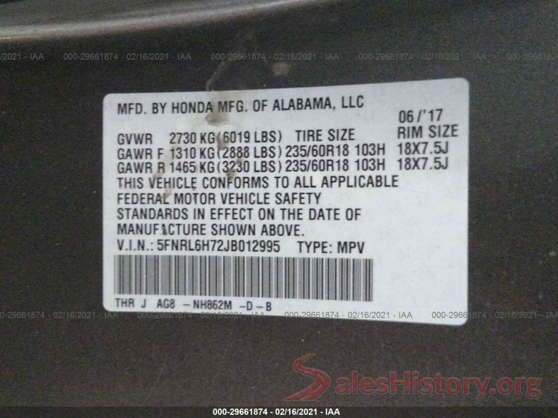 5FNRL6H72JB012995 2018 HONDA ODYSSEY