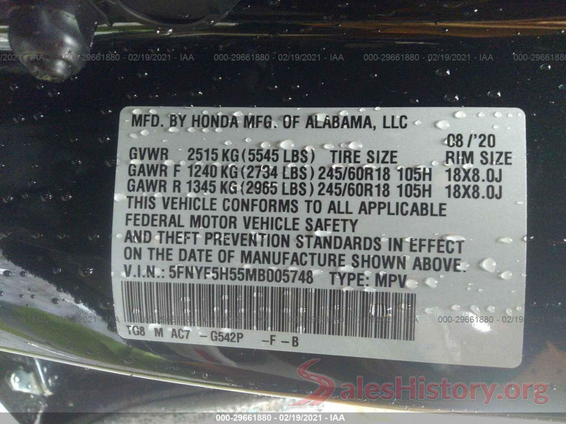 5FNYF5H55MB005748 2021 HONDA PILOT