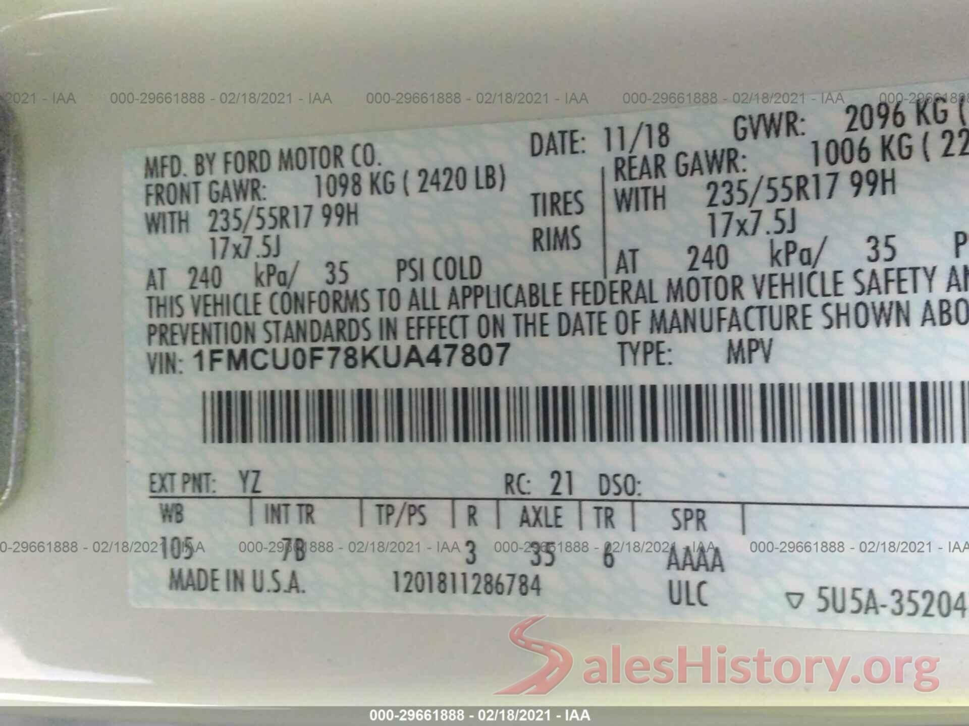 1FMCU0F78KUA47807 2019 FORD ESCAPE