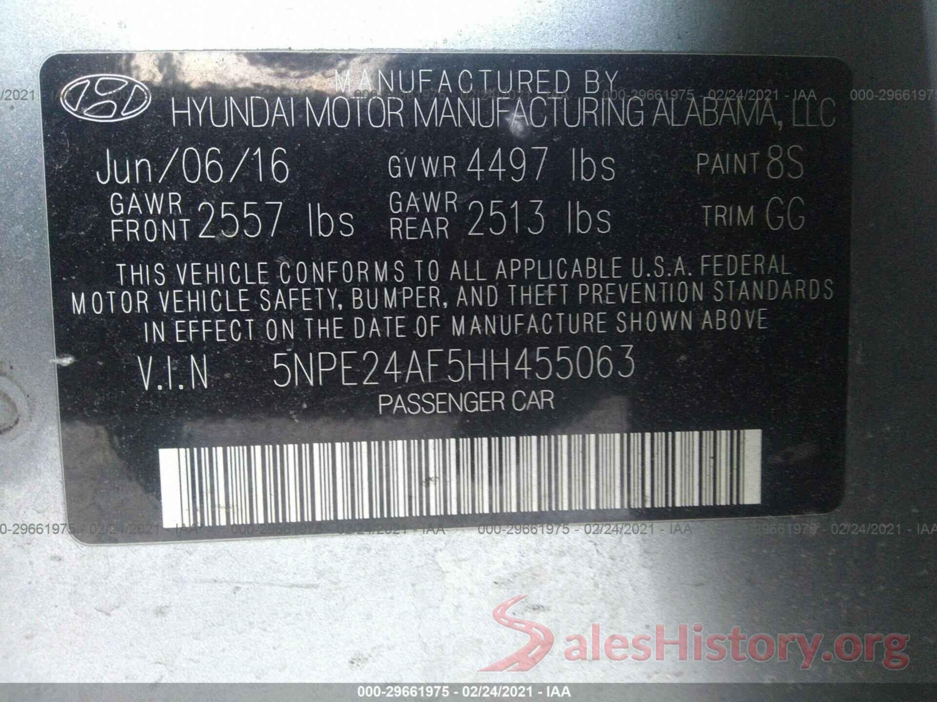 5NPE24AF5HH455063 2017 HYUNDAI SONATA