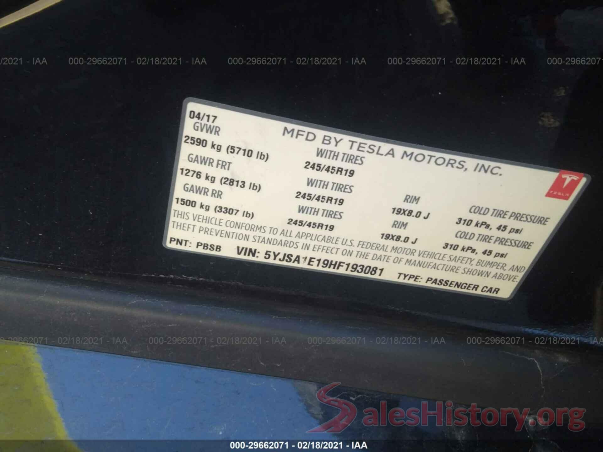 5YJSA1E19HF193081 2017 TESLA MODEL S