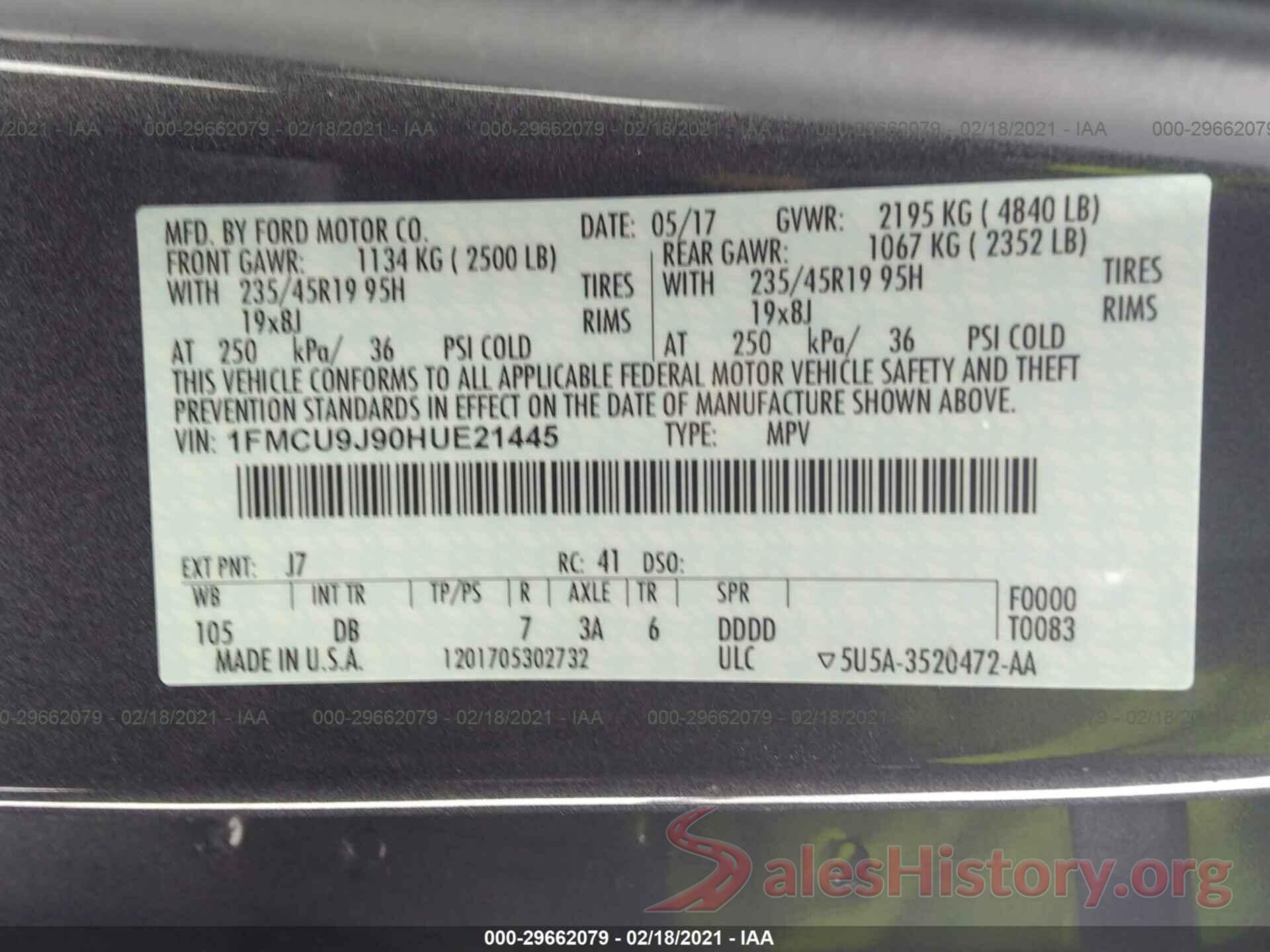 1FMCU9J90HUE21445 2017 FORD ESCAPE