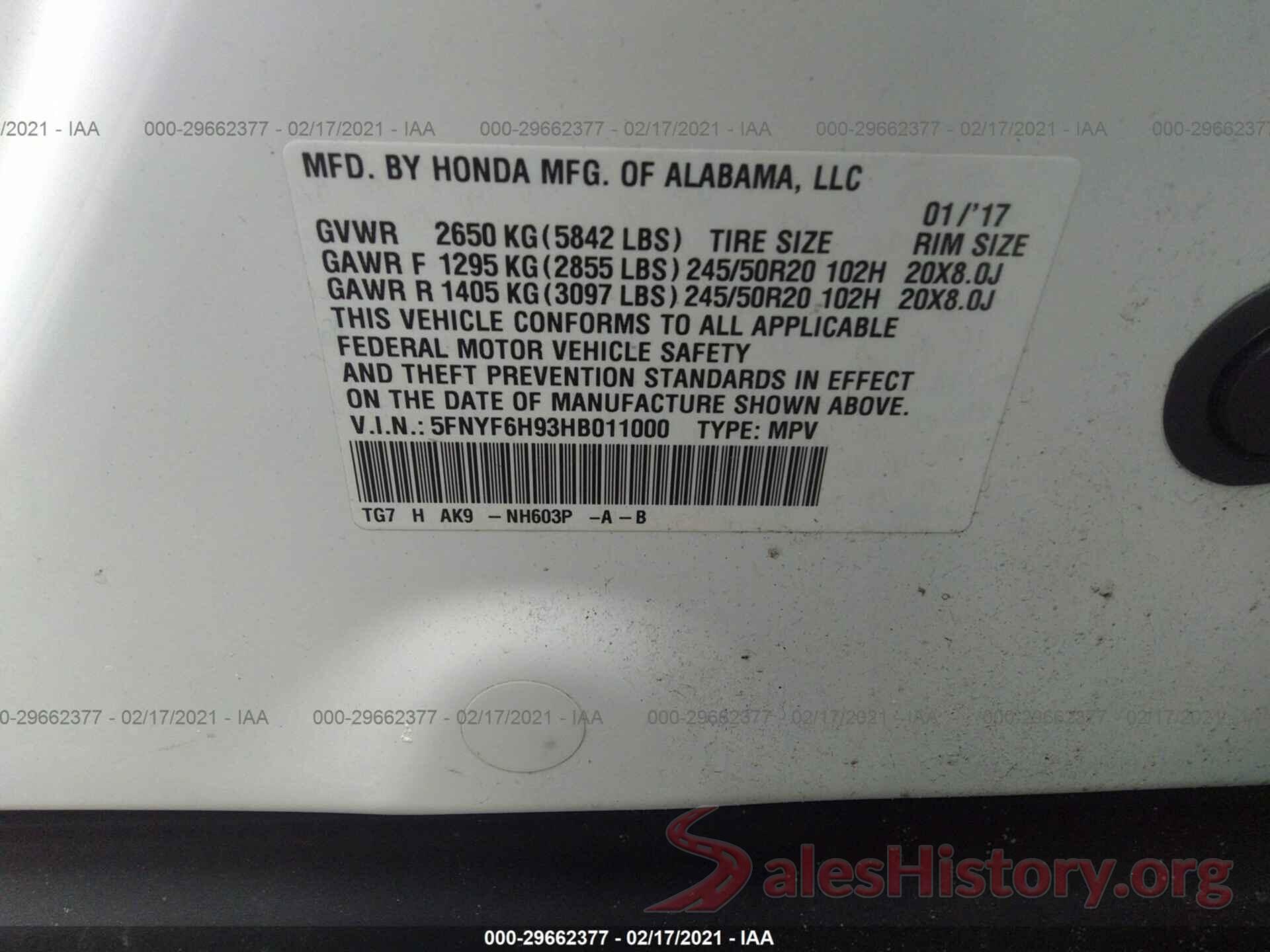 5FNYF6H93HB011000 2017 HONDA PILOT