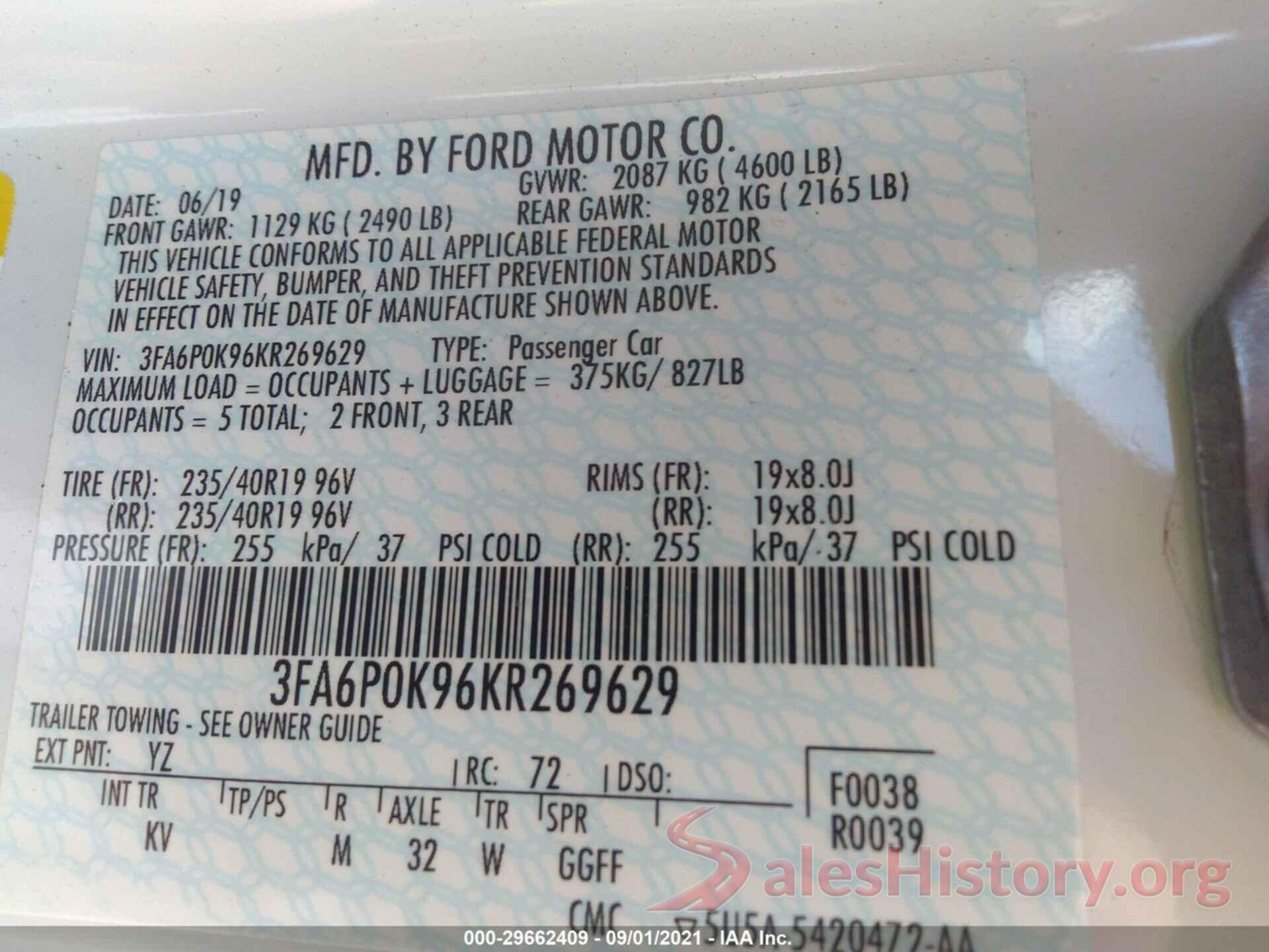 3FA6P0K96KR269629 2019 FORD FUSION