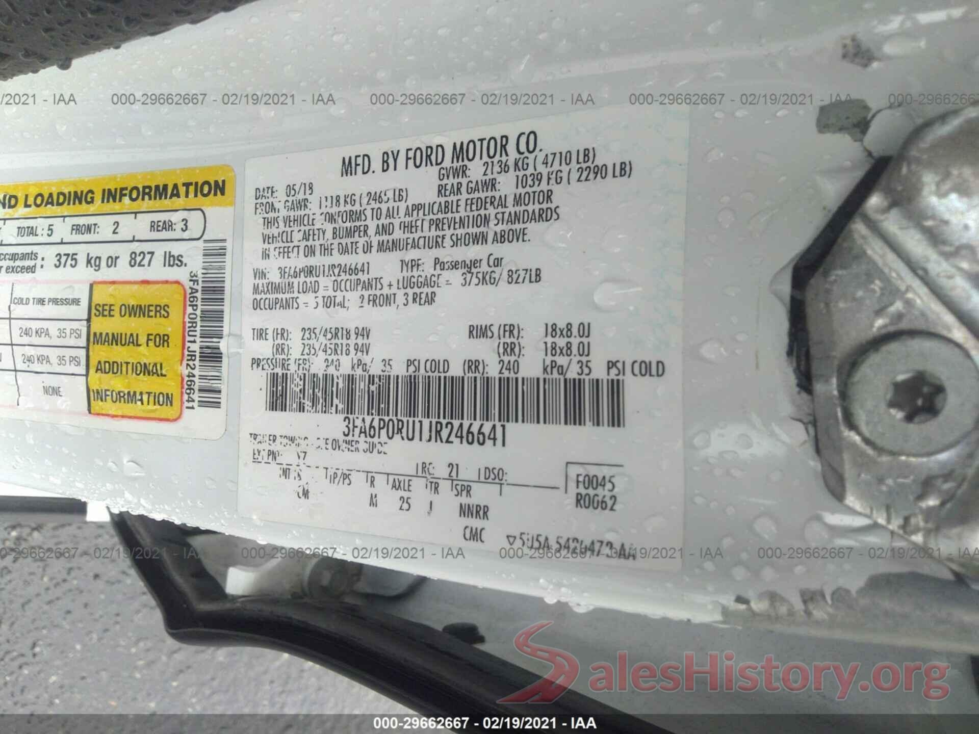 3FA6P0RU1JR246641 2018 FORD FUSION HYBRID