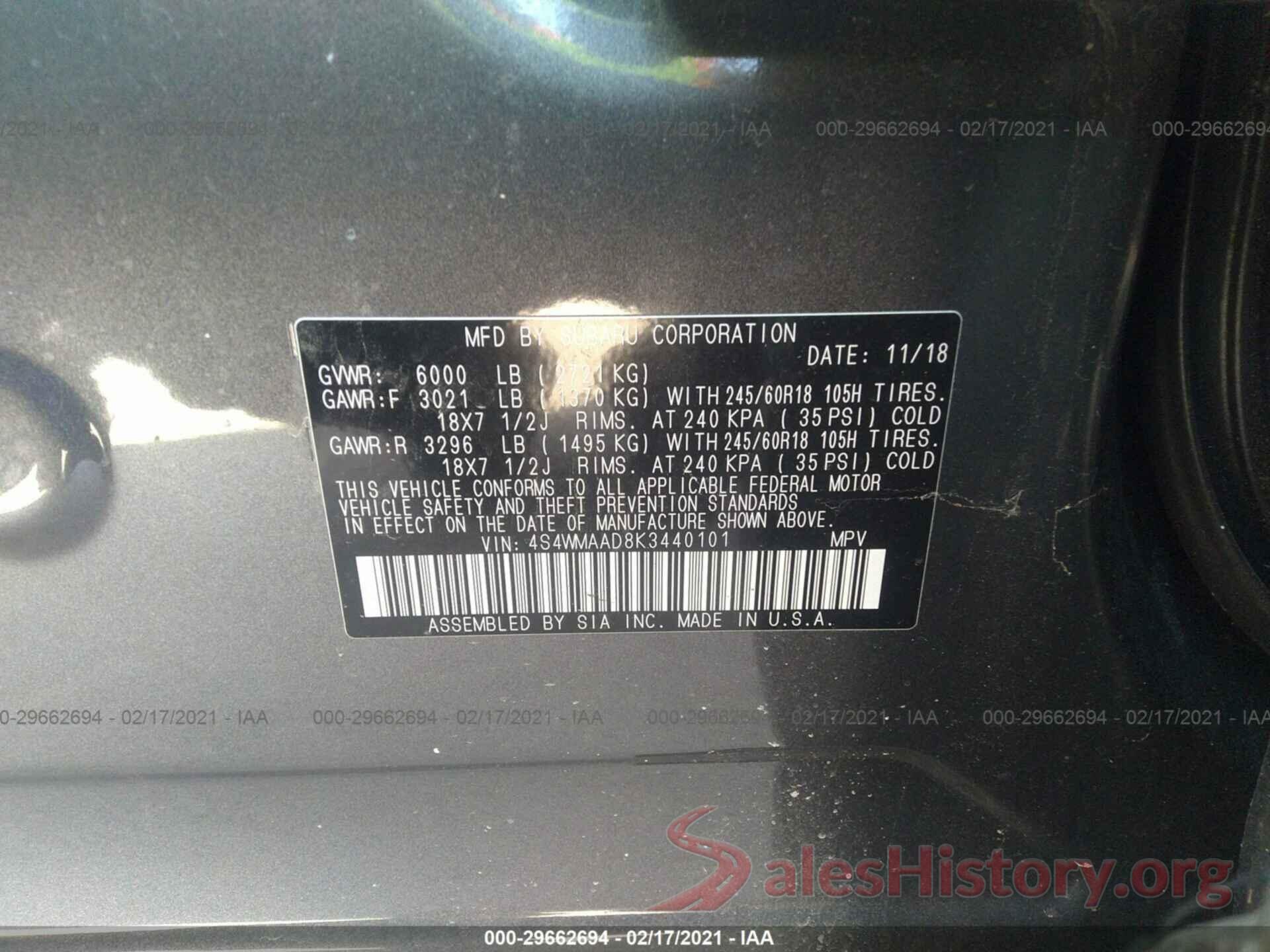 4S4WMAAD8K3440101 2019 SUBARU ASCENT