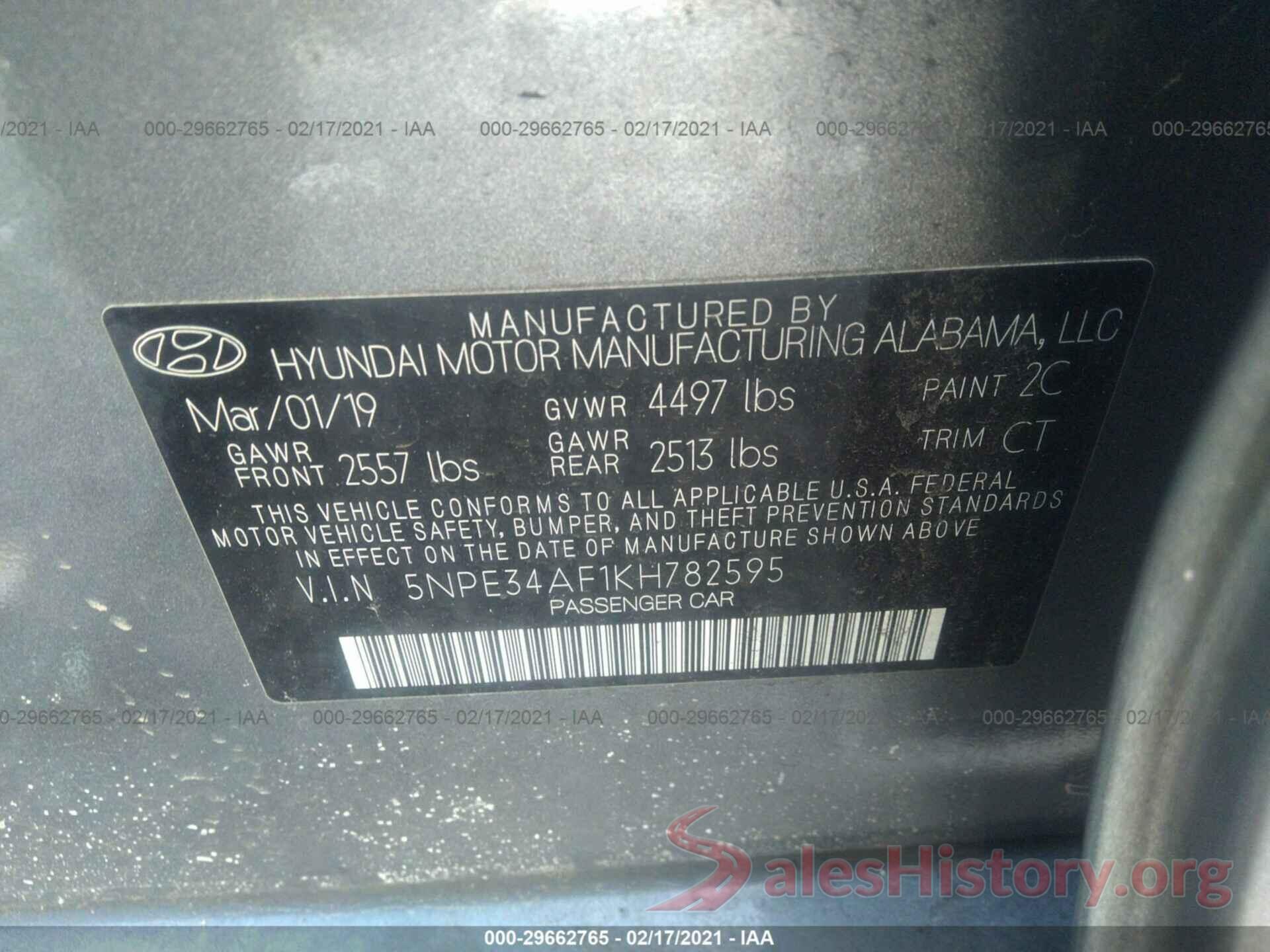 5NPE34AF1KH782595 2019 HYUNDAI SONATA