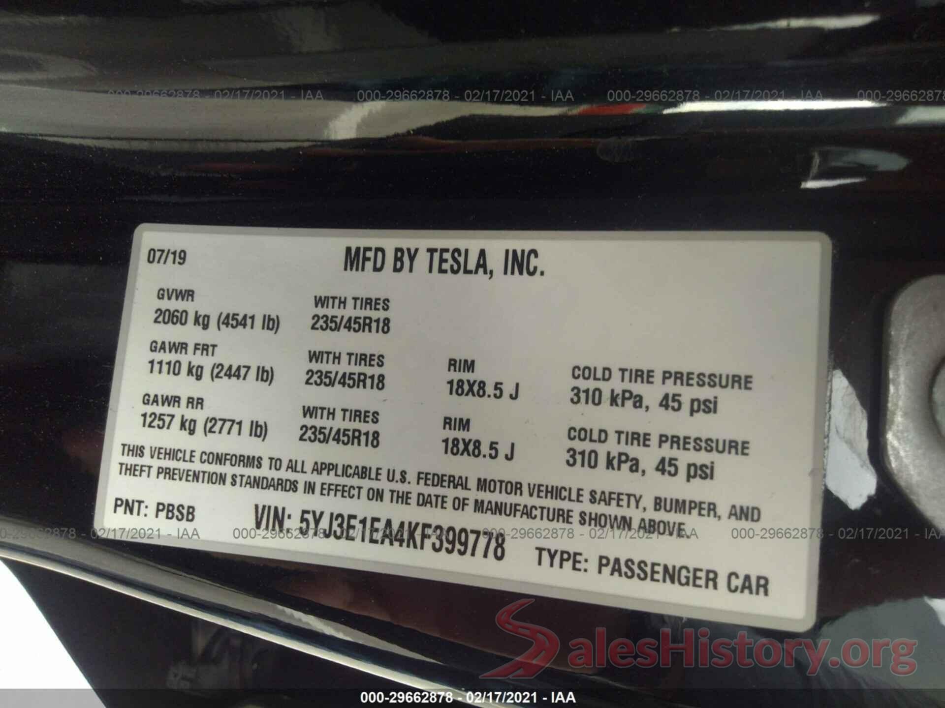 5YJ3E1EA4KF399778 2019 TESLA MODEL 3