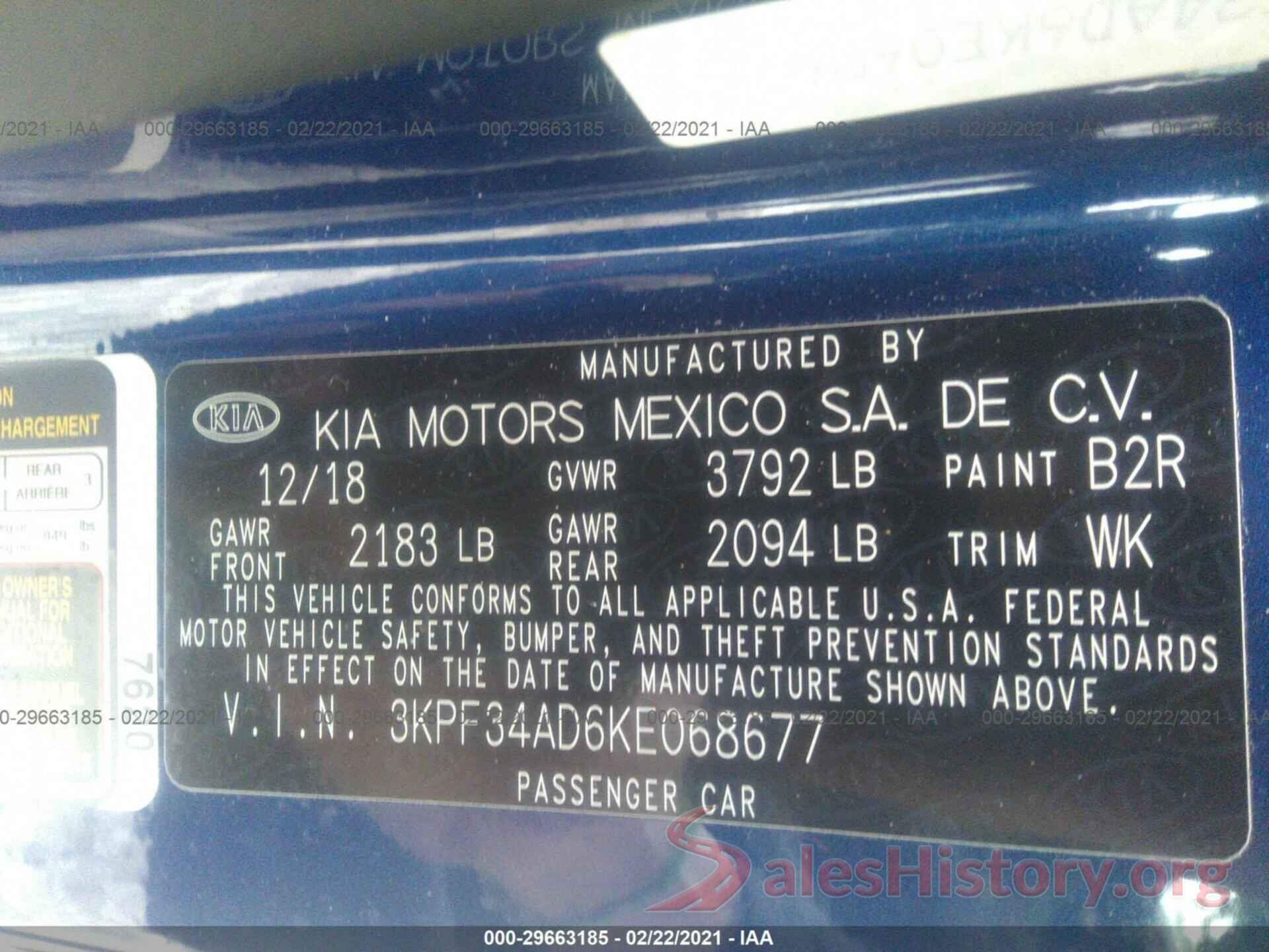 3KPF34AD6KE068677 2019 KIA FORTE