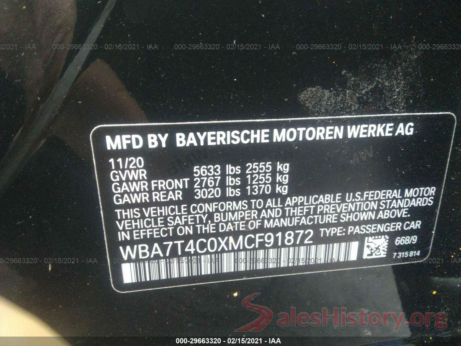 WBA7T4C0XMCF91872 2021 BMW 7 SERIES