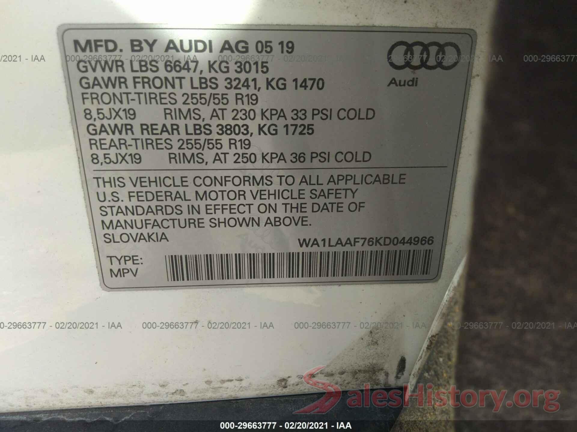 WA1LAAF76KD044966 2019 AUDI Q7