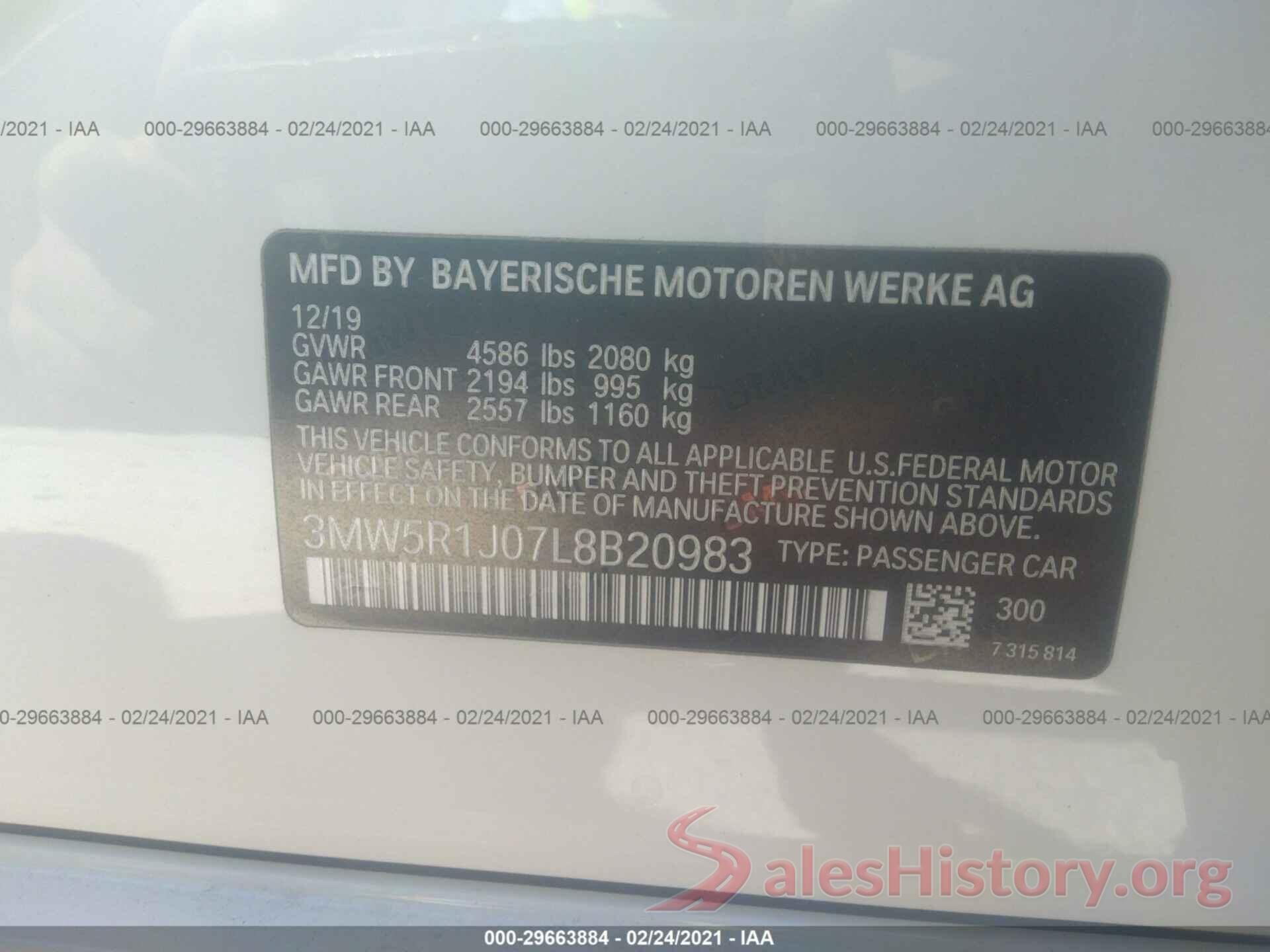 3MW5R1J07L8B20983 2020 BMW 3 SERIES