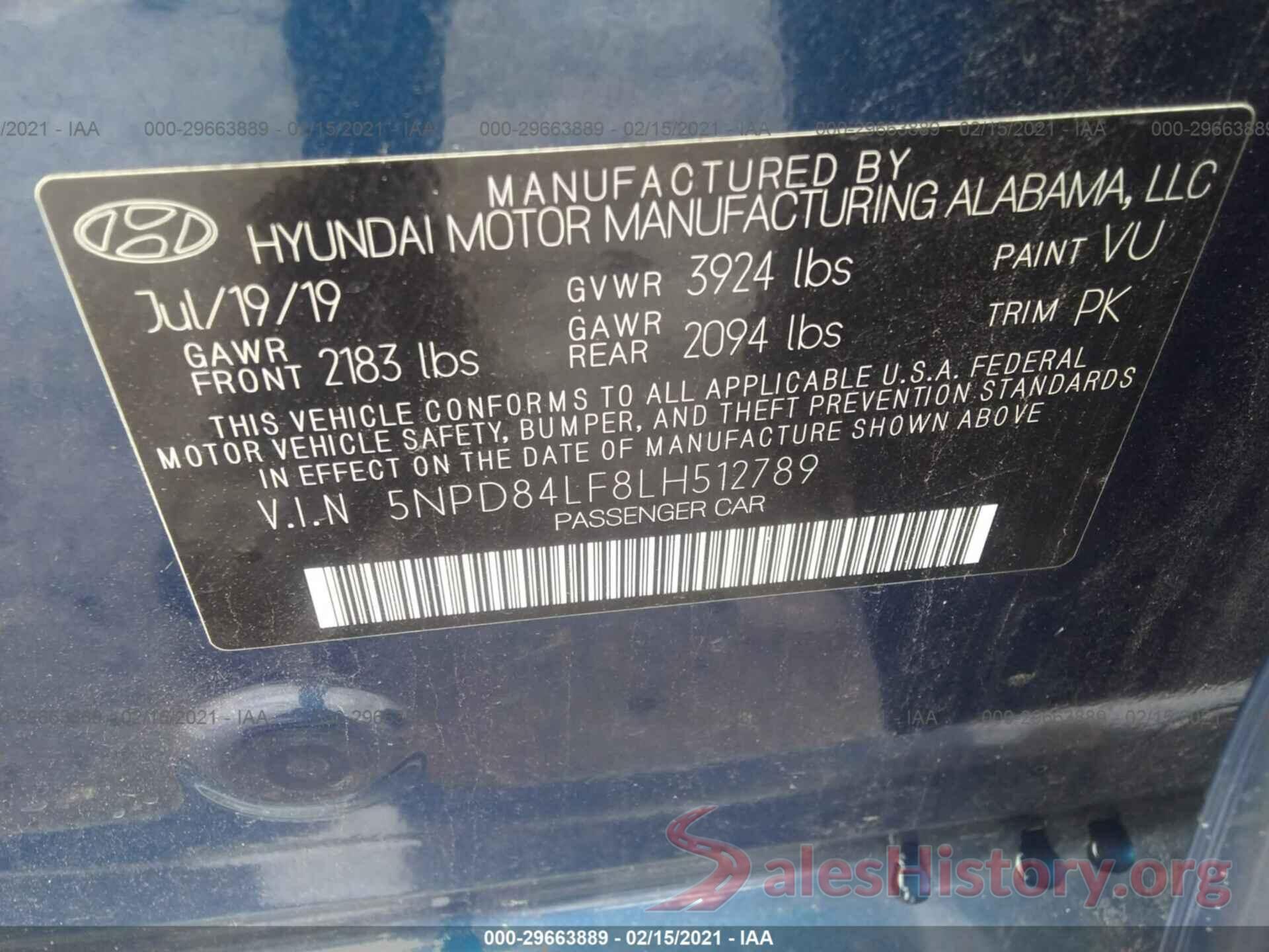 5NPD84LF8LH512789 2020 HYUNDAI ELANTRA