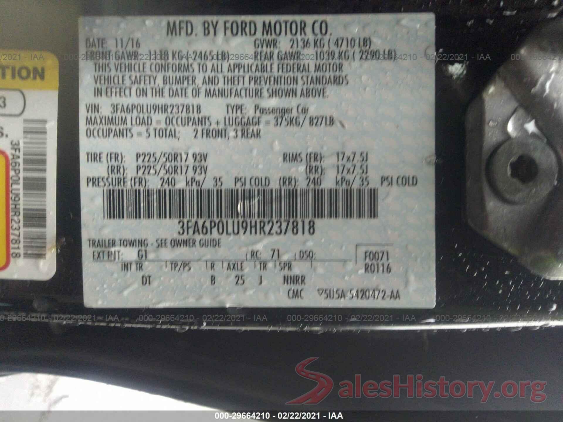 3FA6P0LU9HR237818 2017 FORD FUSION