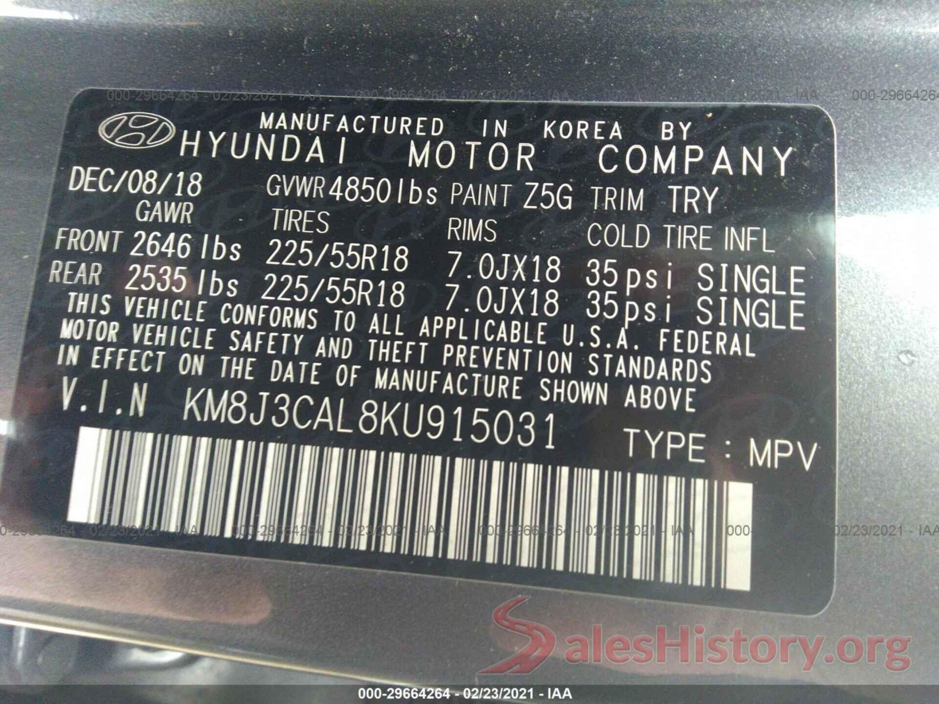 KM8J3CAL8KU915031 2019 HYUNDAI TUCSON