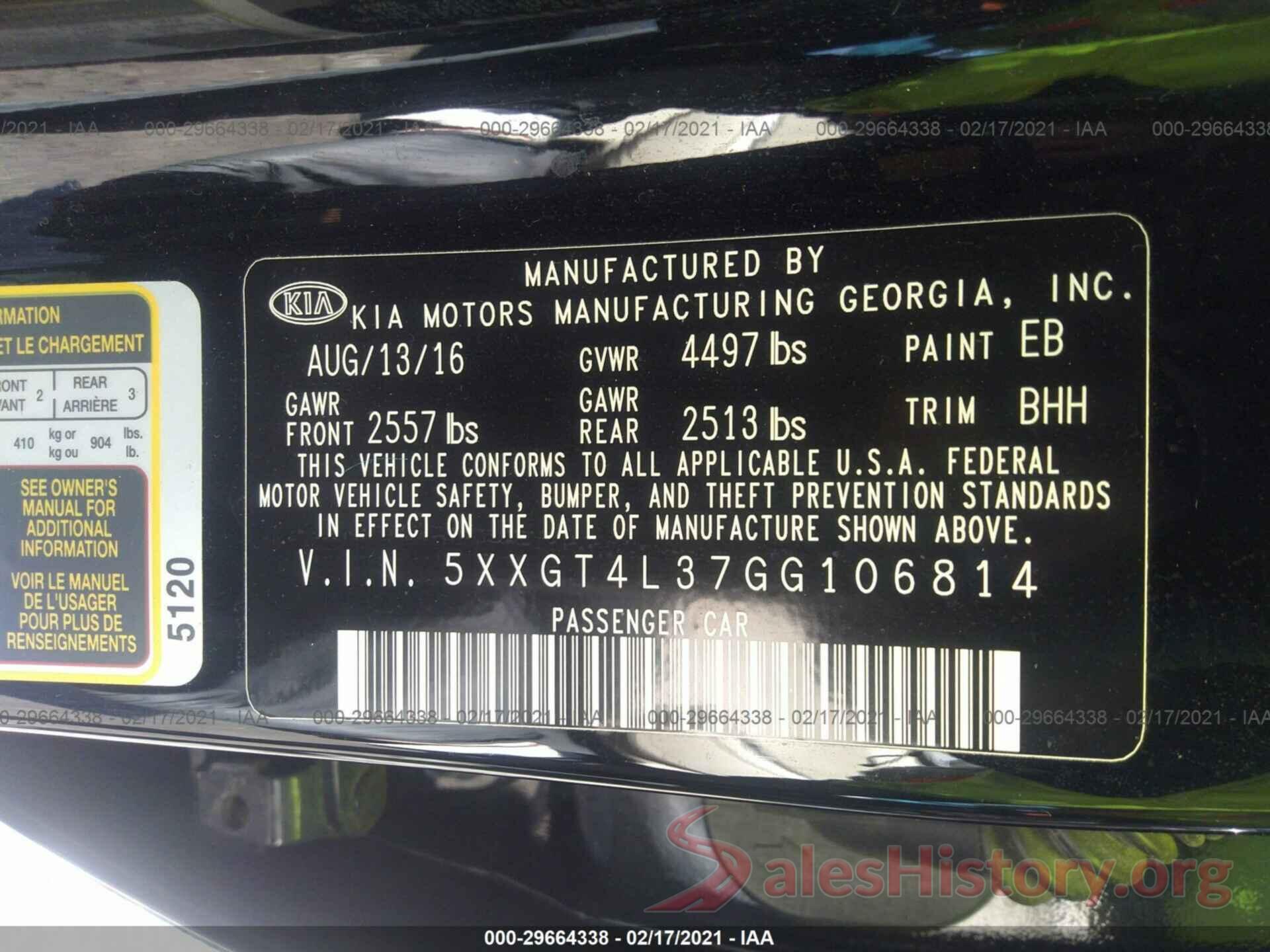 5XXGT4L37GG106814 2016 KIA OPTIMA