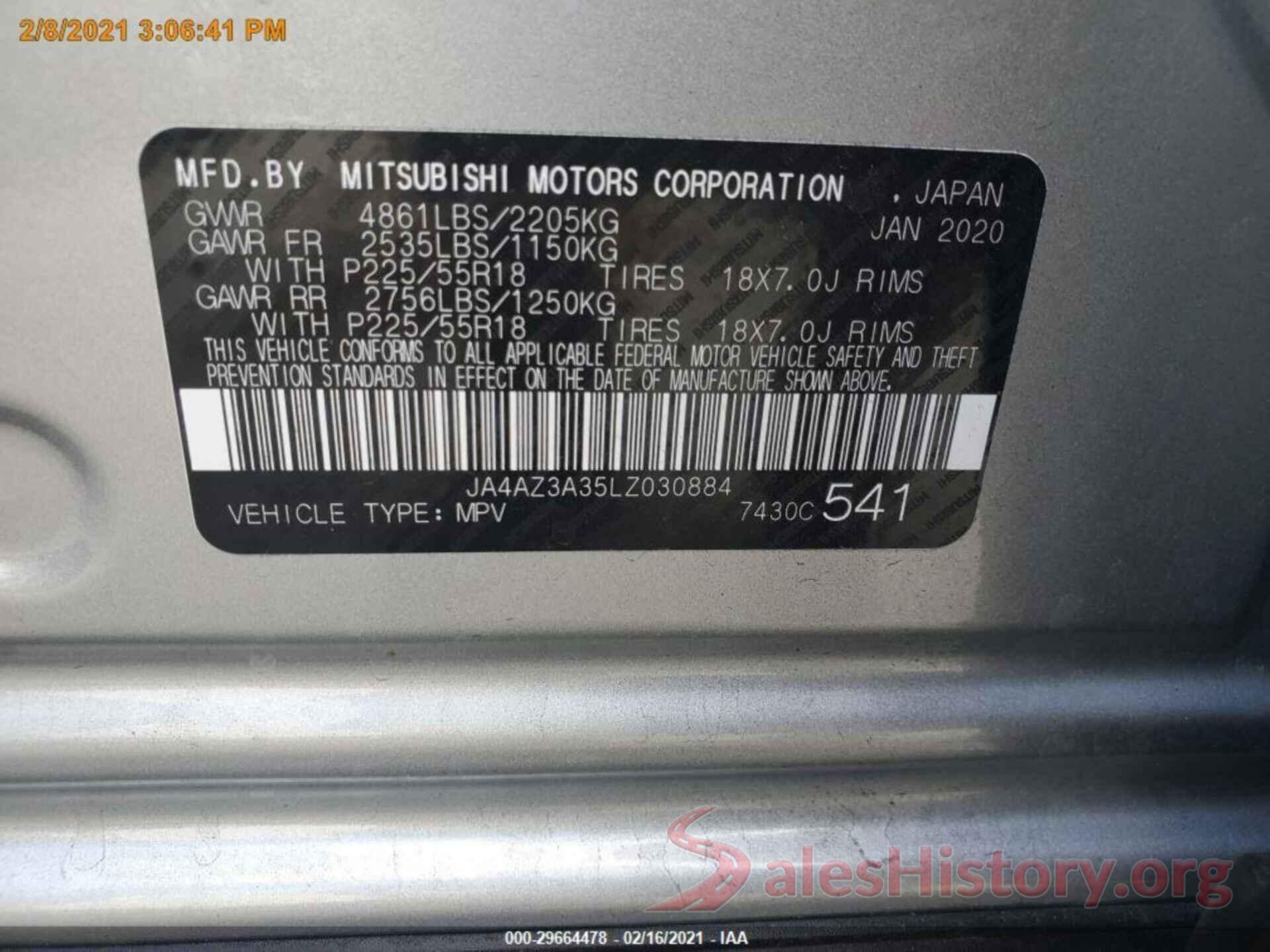 JA4AZ3A35LZ030884 2020 MITSUBISHI OUTLANDER