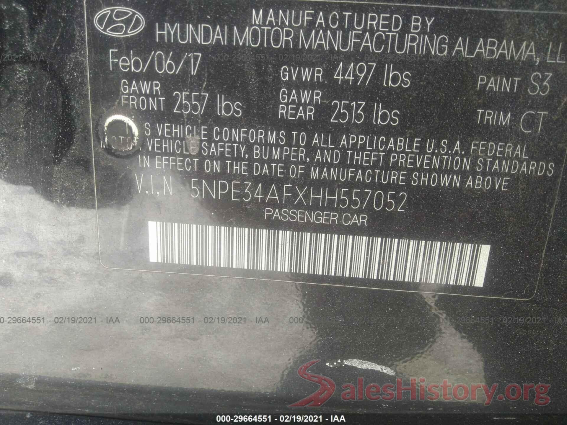 5NPE34AFXHH557052 2017 HYUNDAI SONATA