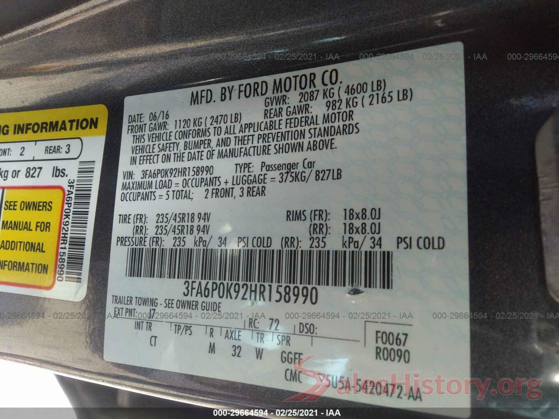 3FA6P0K92HR158990 2017 FORD FUSION