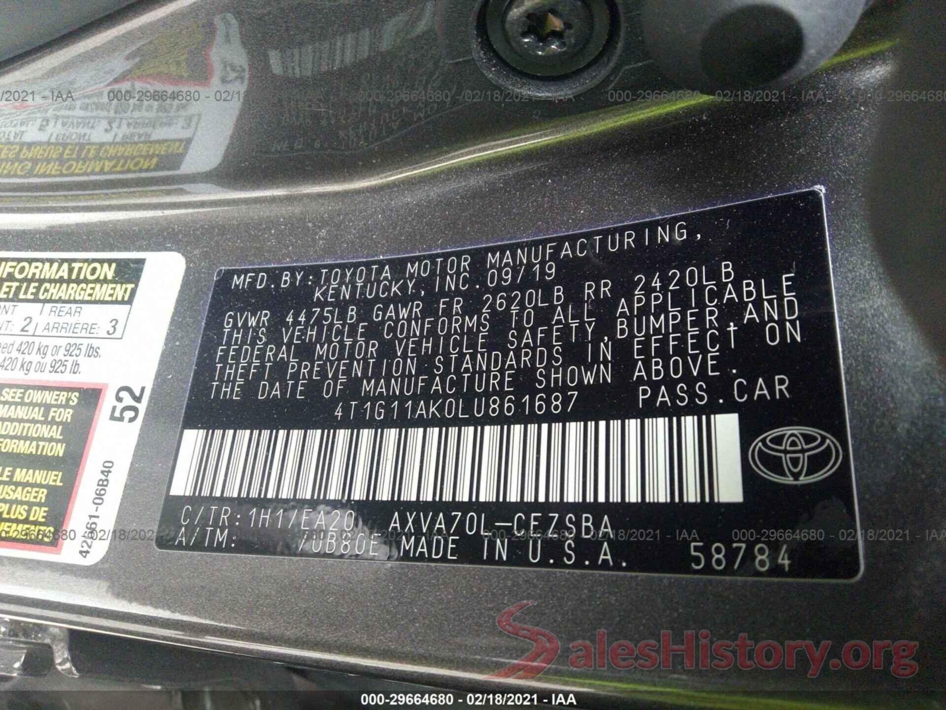 4T1G11AK0LU861687 2020 TOYOTA CAMRY