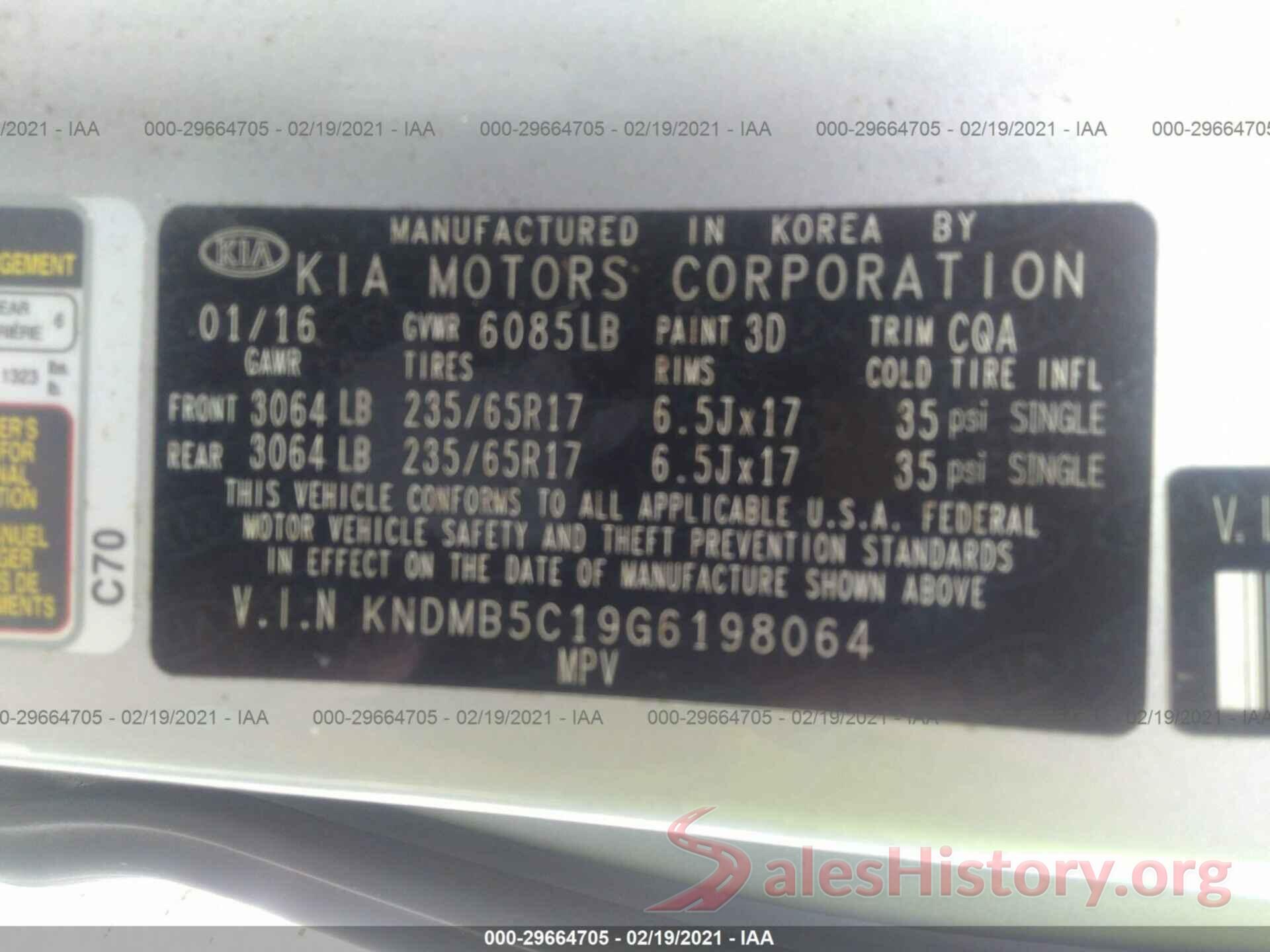 KNDMB5C19G6198064 2016 KIA SEDONA