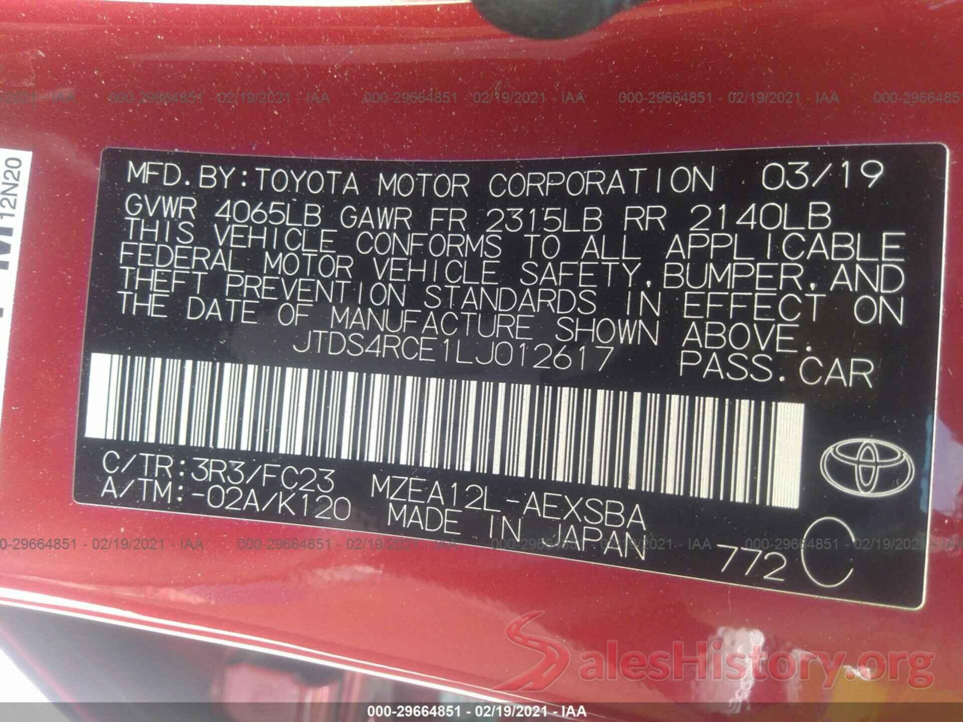 JTDS4RCE1LJ012617 2020 TOYOTA COROLLA