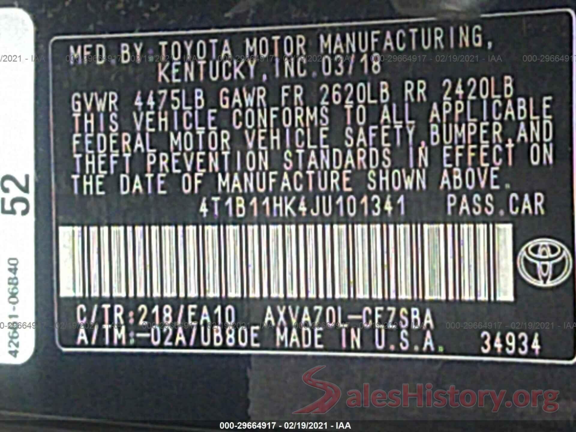 4T1B11HK4JU101341 2018 TOYOTA CAMRY