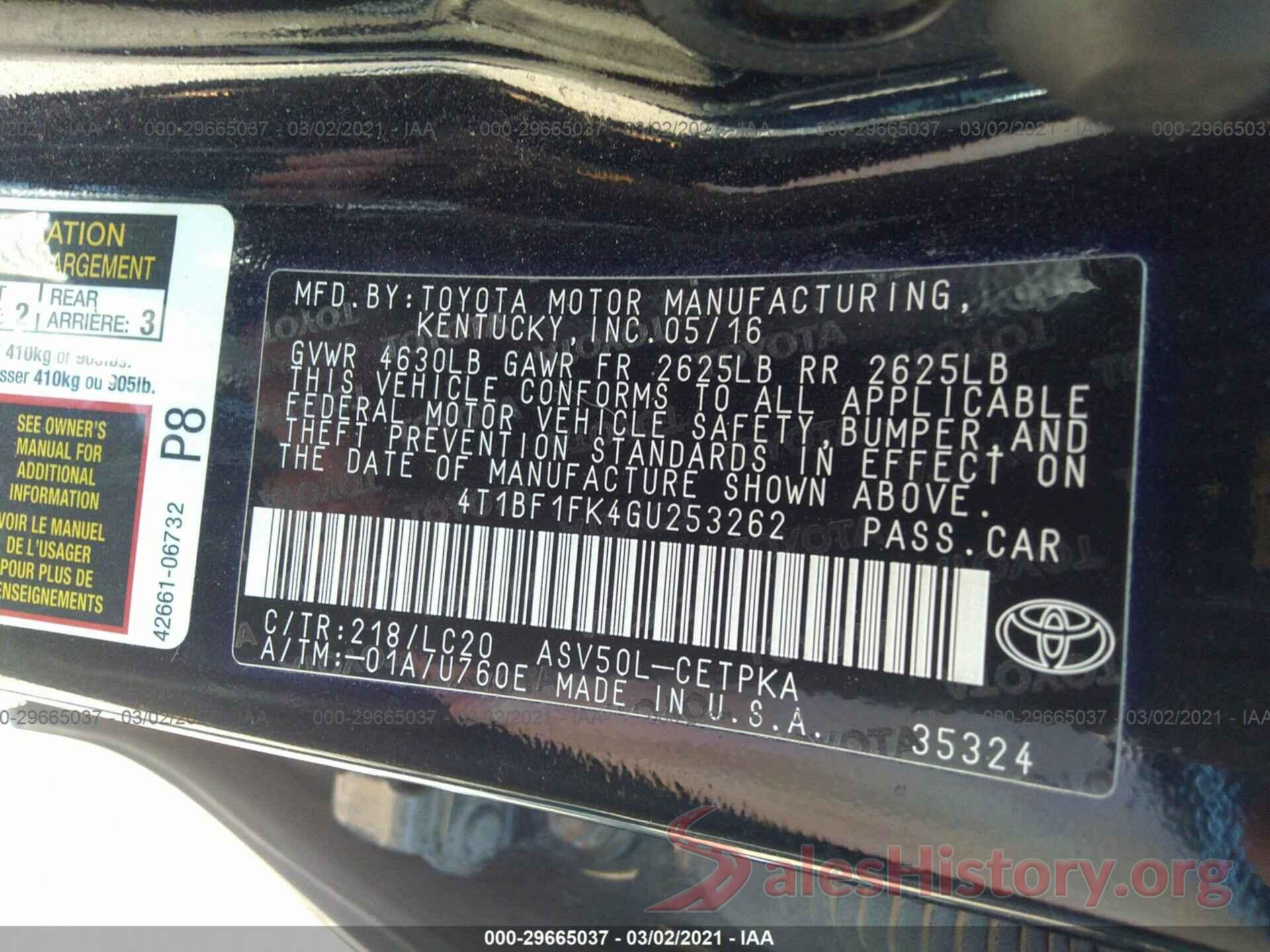 4T1BF1FK4GU253262 2016 TOYOTA CAMRY