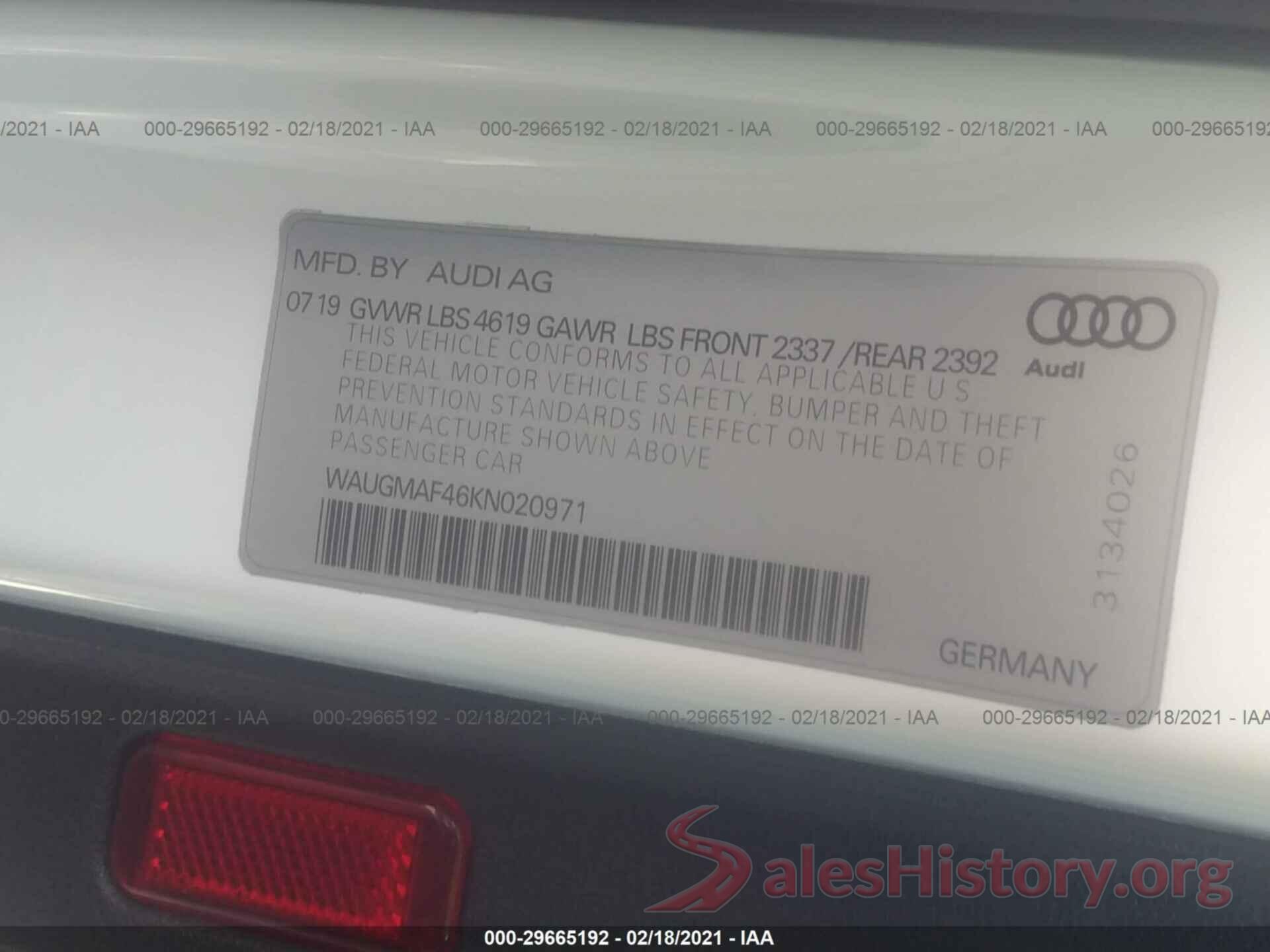 WAUGMAF46KN020971 2019 AUDI A4