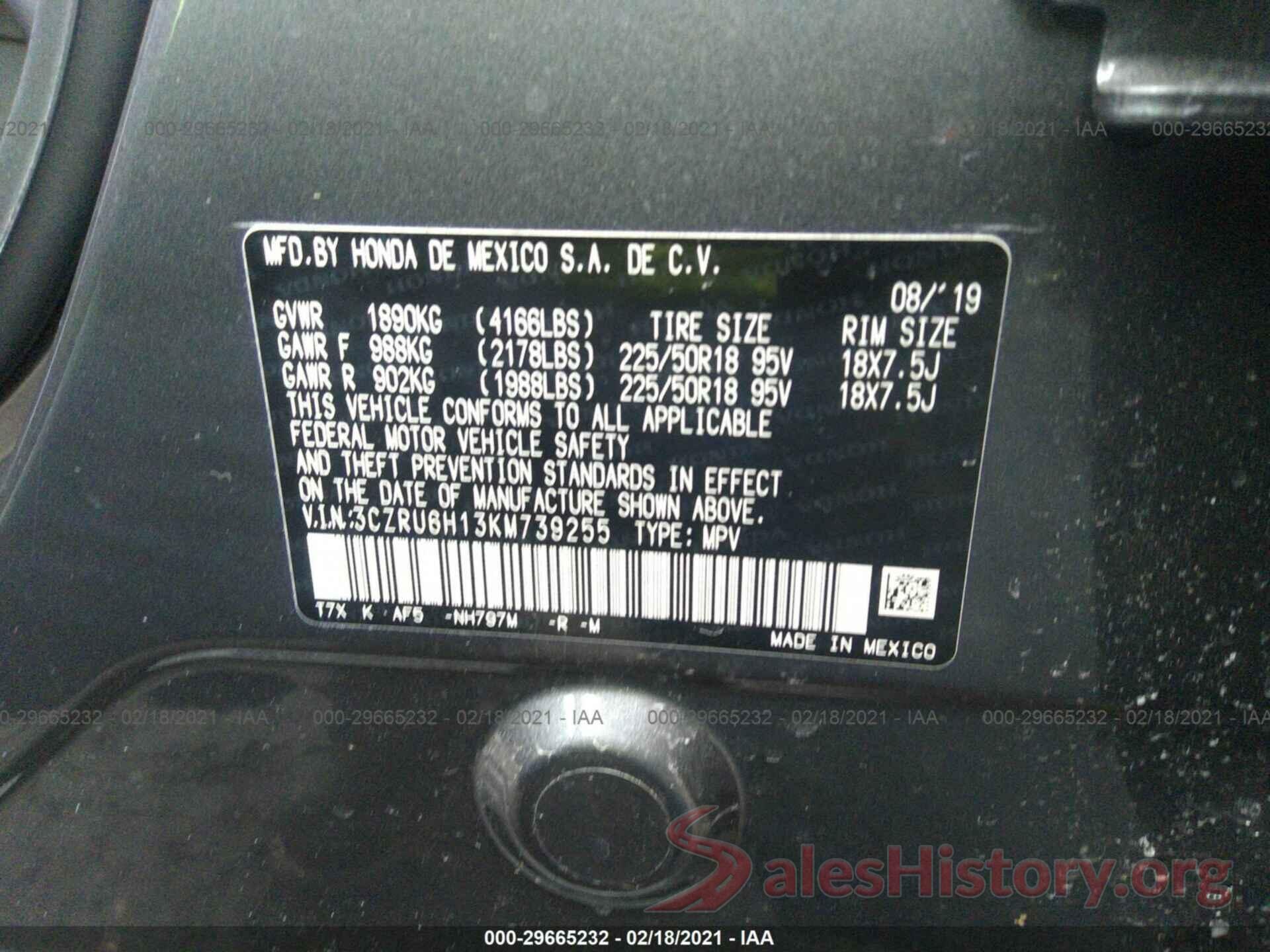 3CZRU6H13KM739255 2019 HONDA HR-V