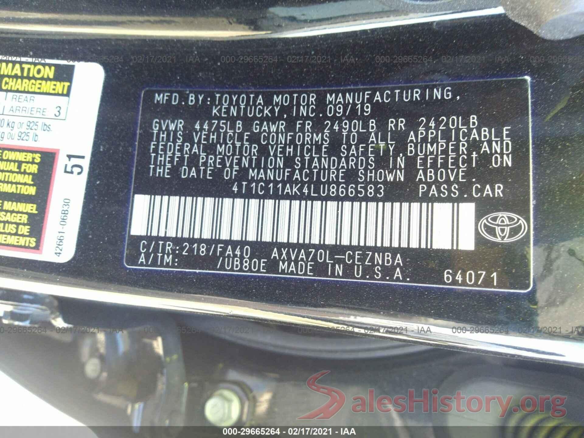 4T1C11AK4LU866583 2020 TOYOTA CAMRY