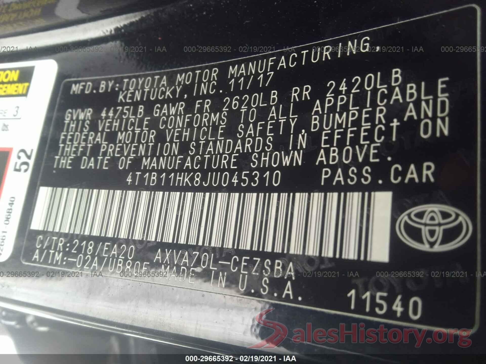 4T1B11HK8JU045310 2018 TOYOTA CAMRY