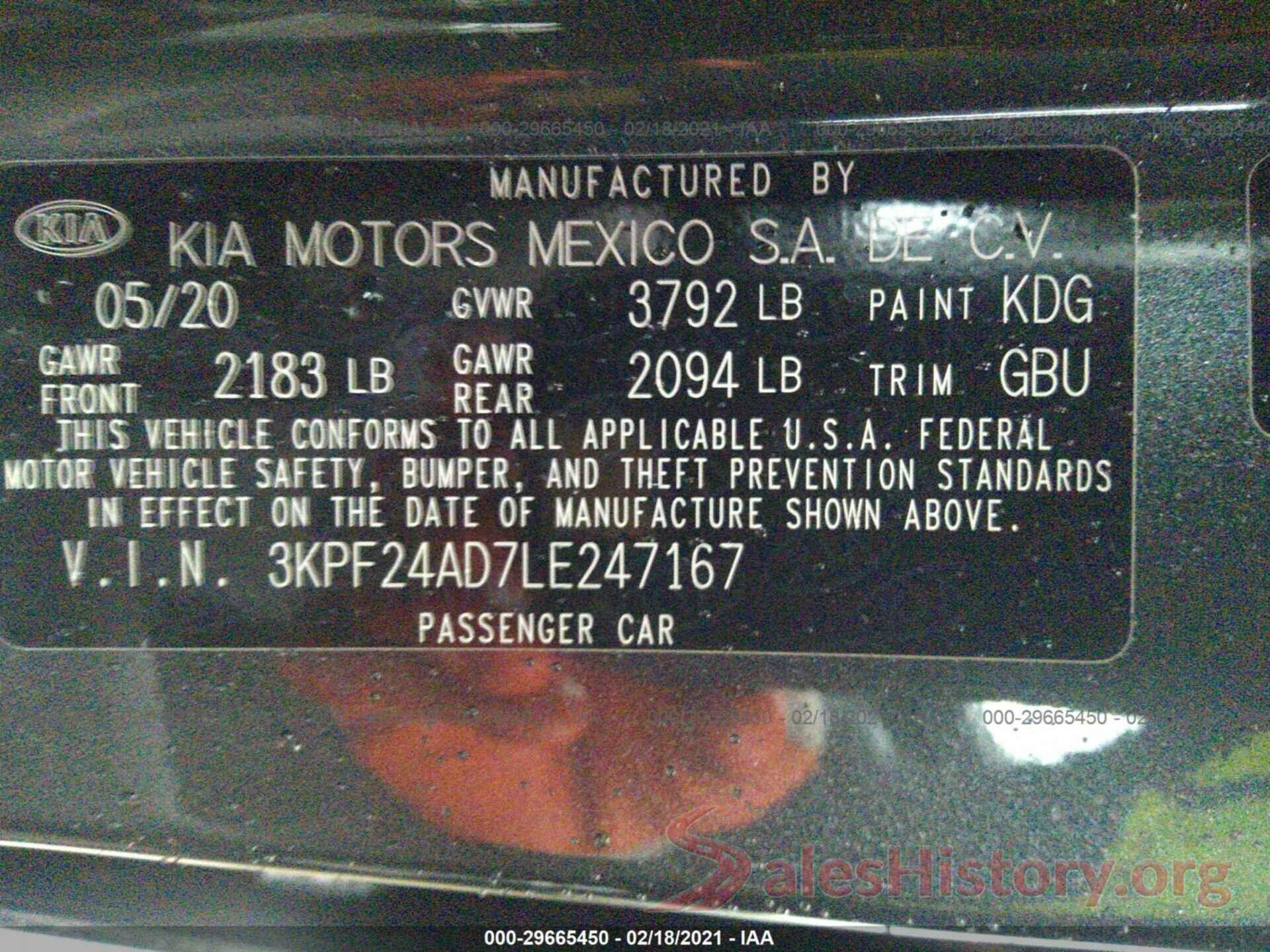 3KPF24AD7LE247167 2020 KIA FORTE