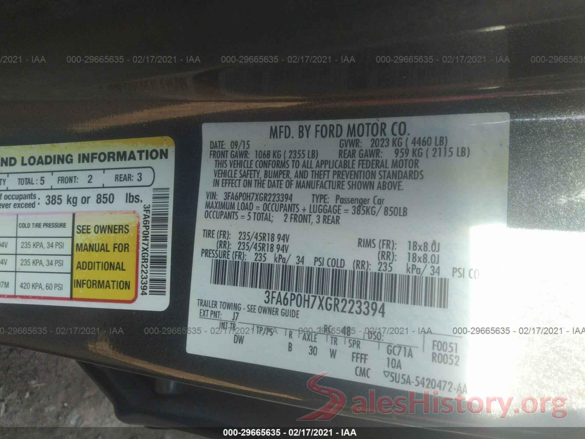 3FA6P0H7XGR223394 2016 FORD FUSION