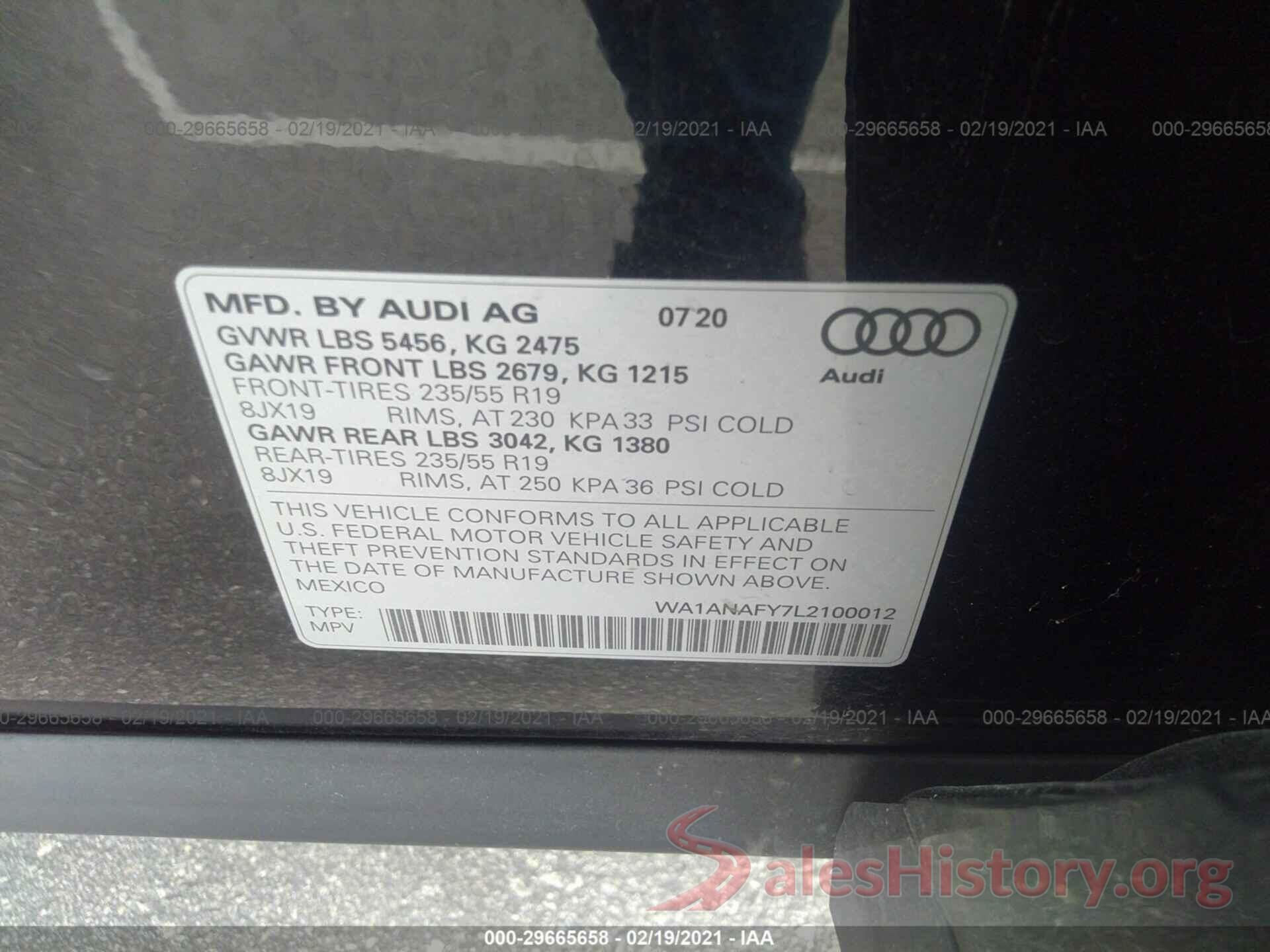 WA1ANAFY7L2100012 2020 AUDI Q5