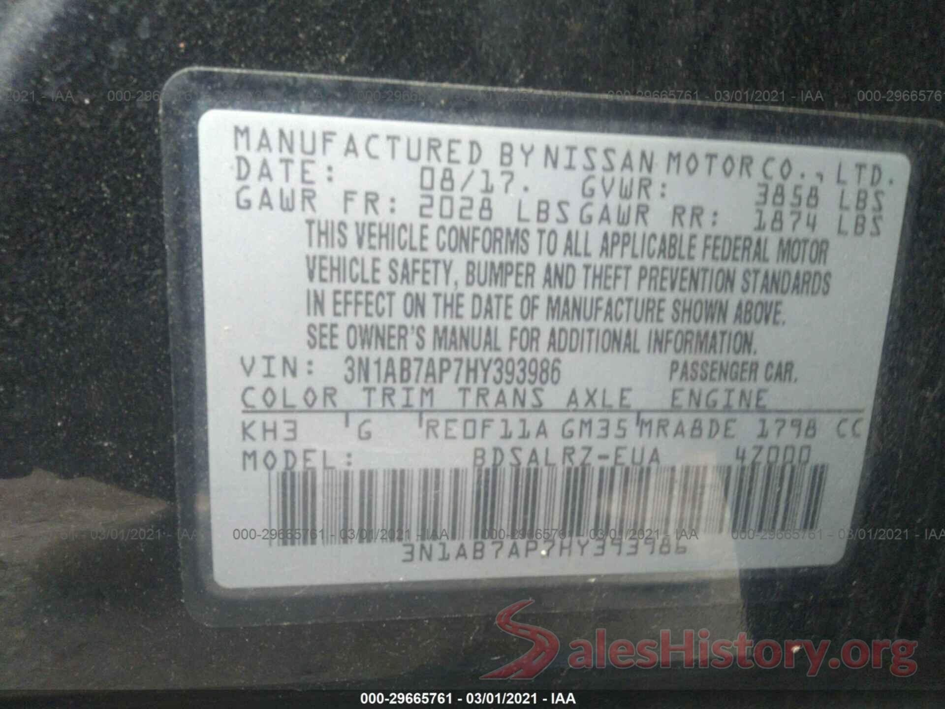 3N1AB7AP7HY393986 2017 NISSAN SENTRA