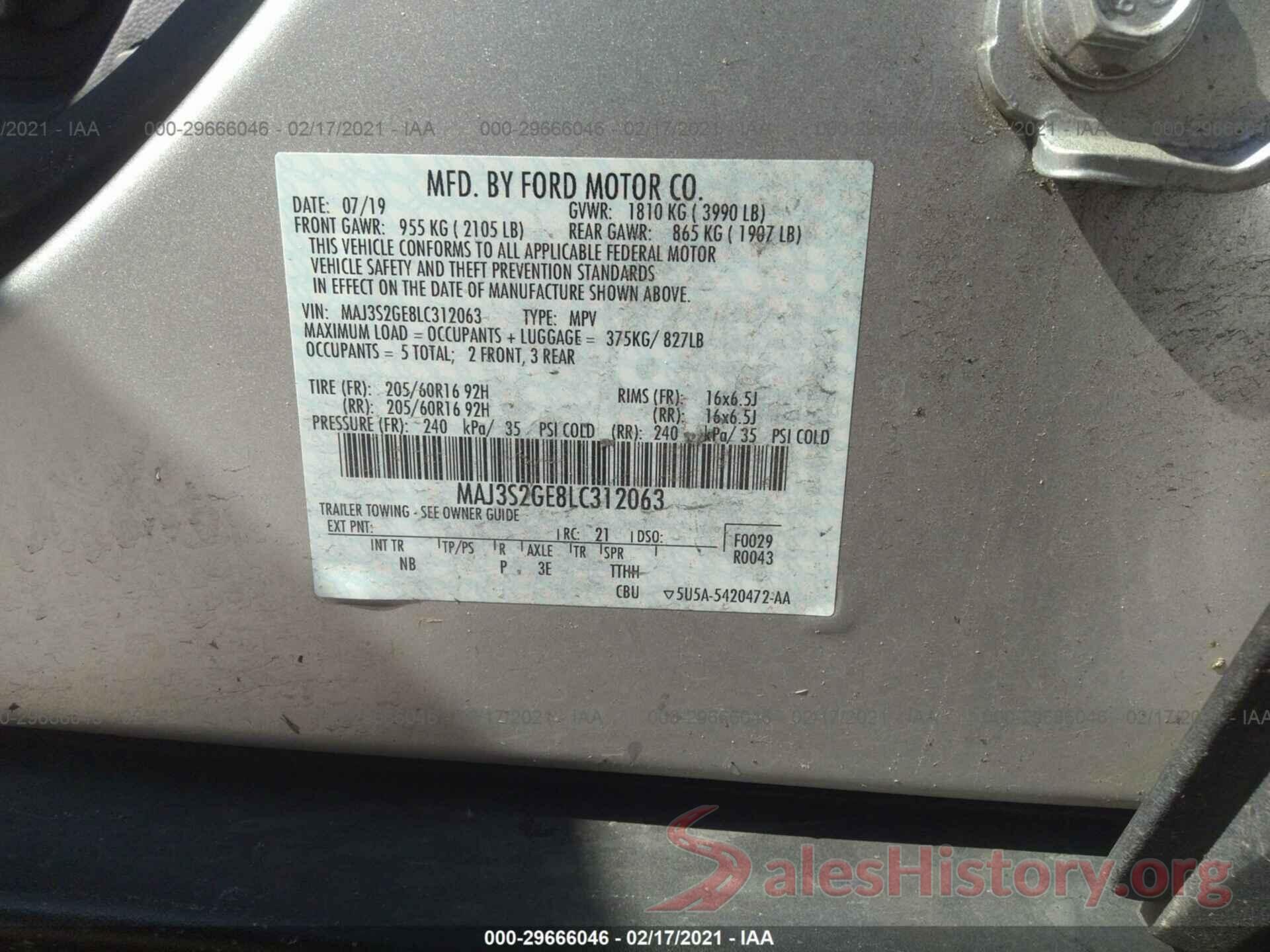 MAJ3S2GE8LC312063 2020 FORD ECOSPORT