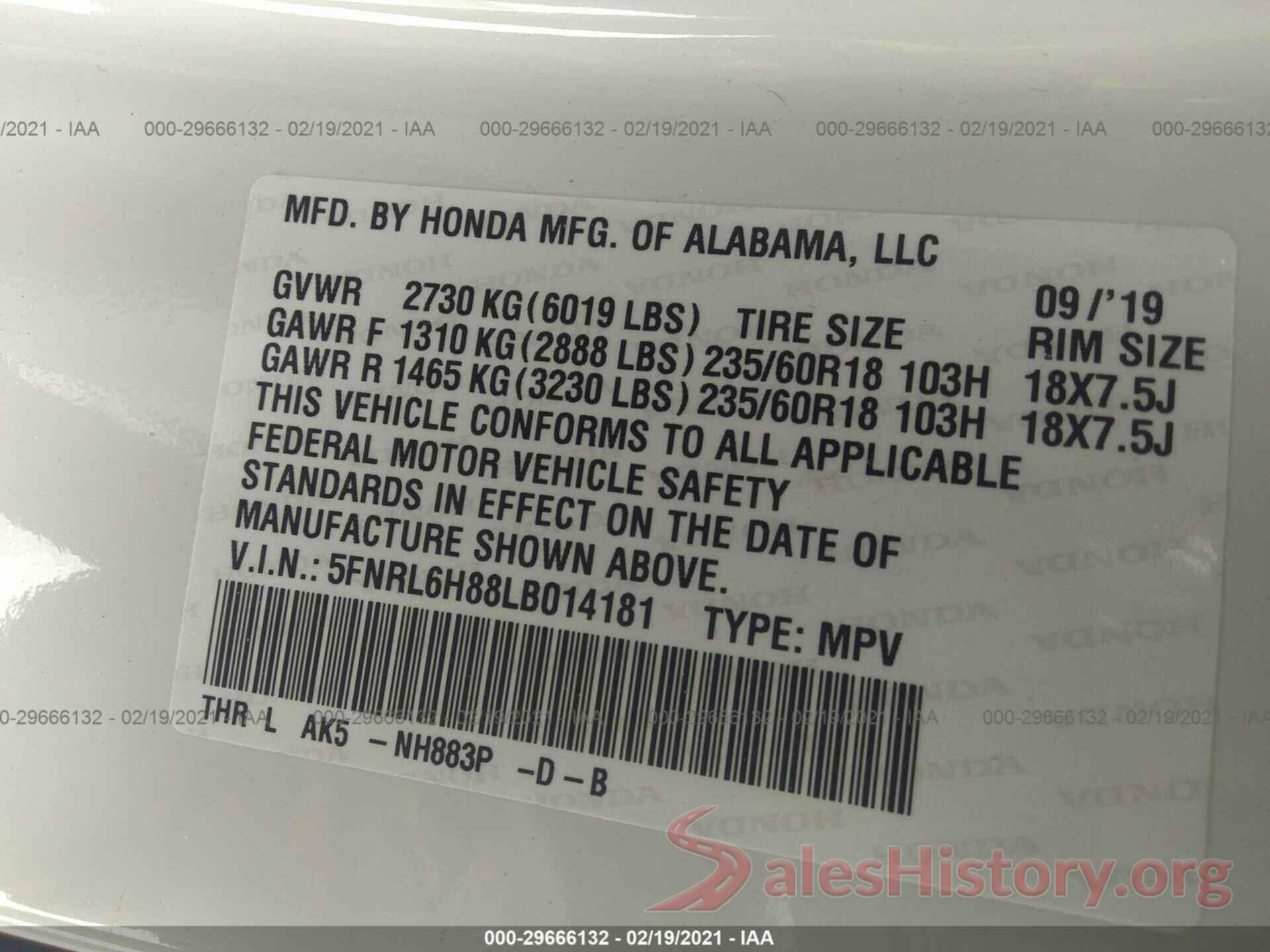 5FNRL6H88LB014181 2020 HONDA ODYSSEY