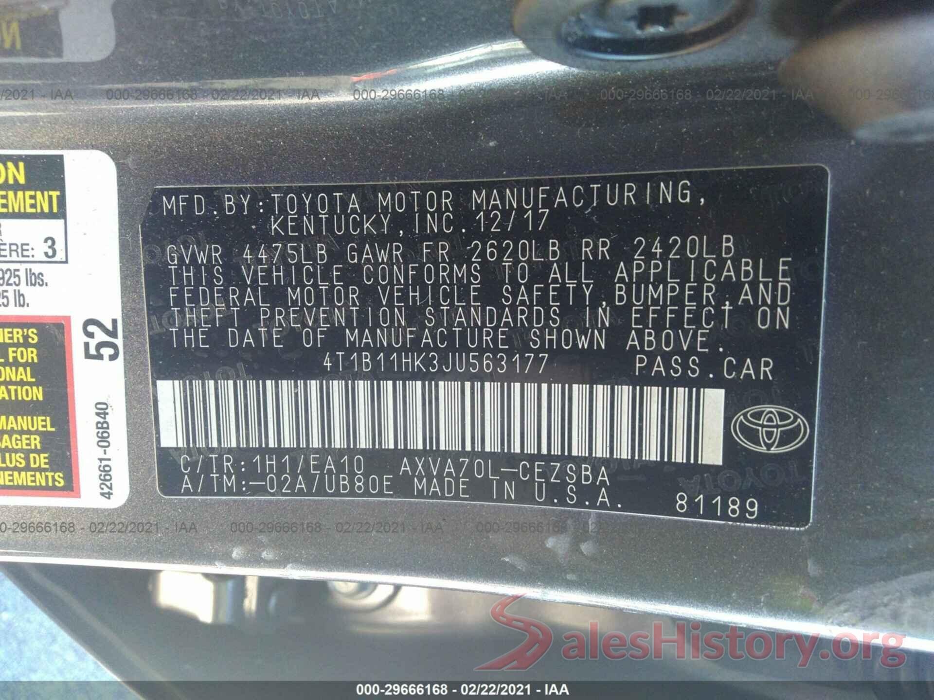 4T1B11HK3JU563177 2018 TOYOTA CAMRY