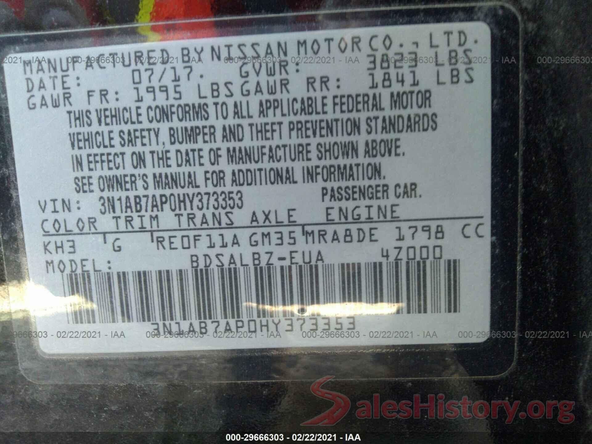 3N1AB7AP0HY373353 2017 NISSAN SENTRA