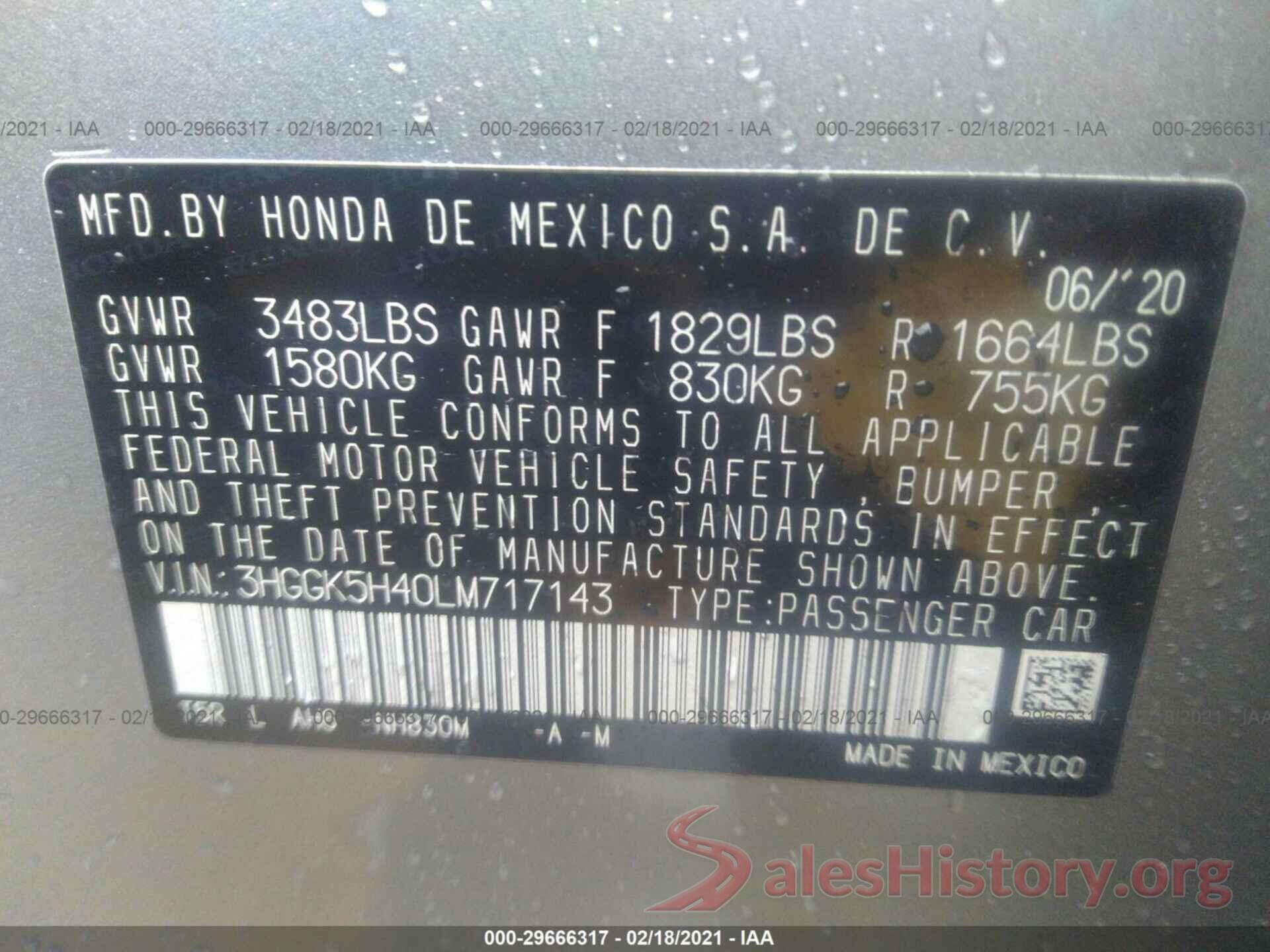 3HGGK5H40LM717143 2020 HONDA FIT