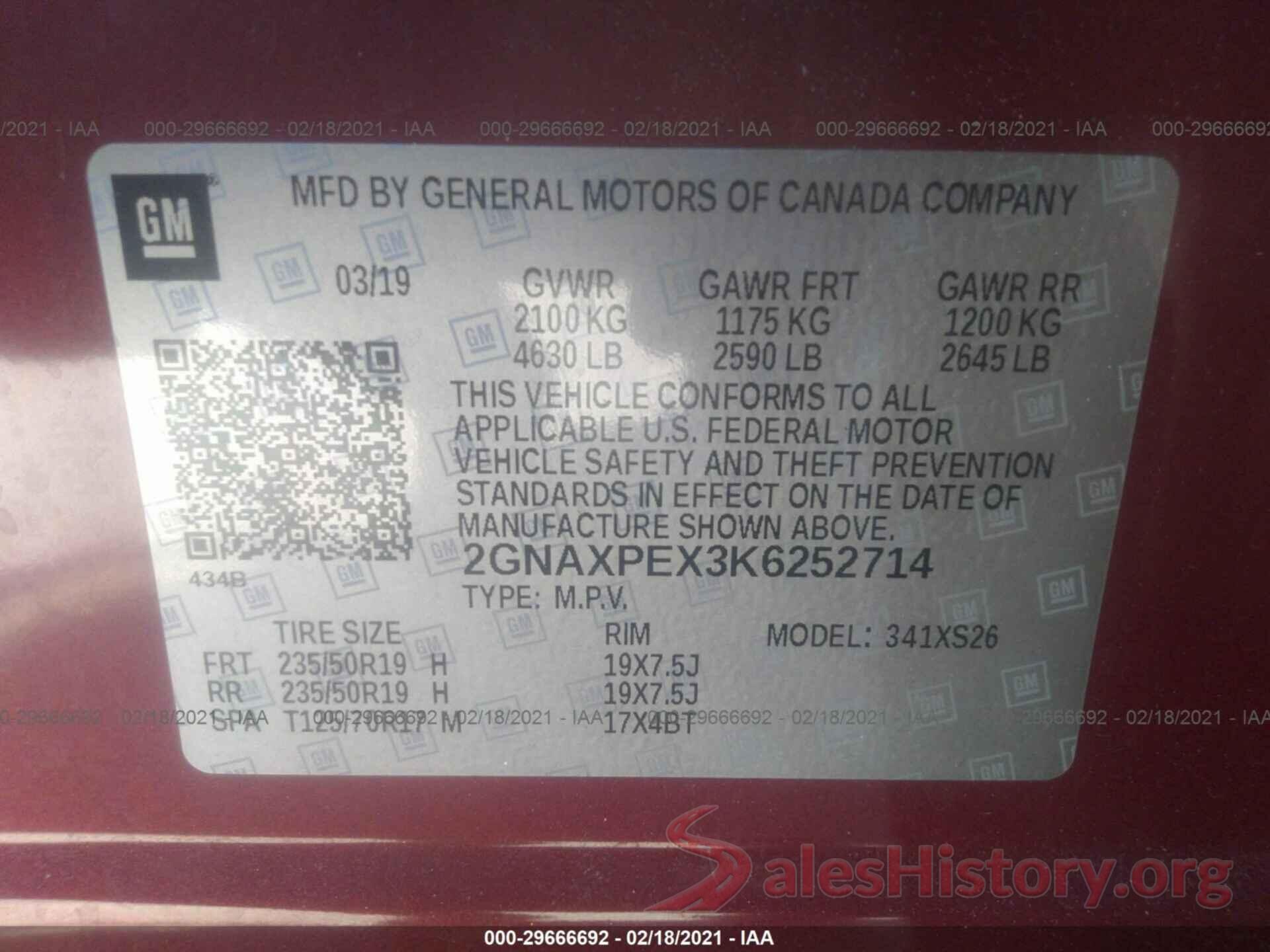 2GNAXPEX3K6252714 2019 CHEVROLET EQUINOX