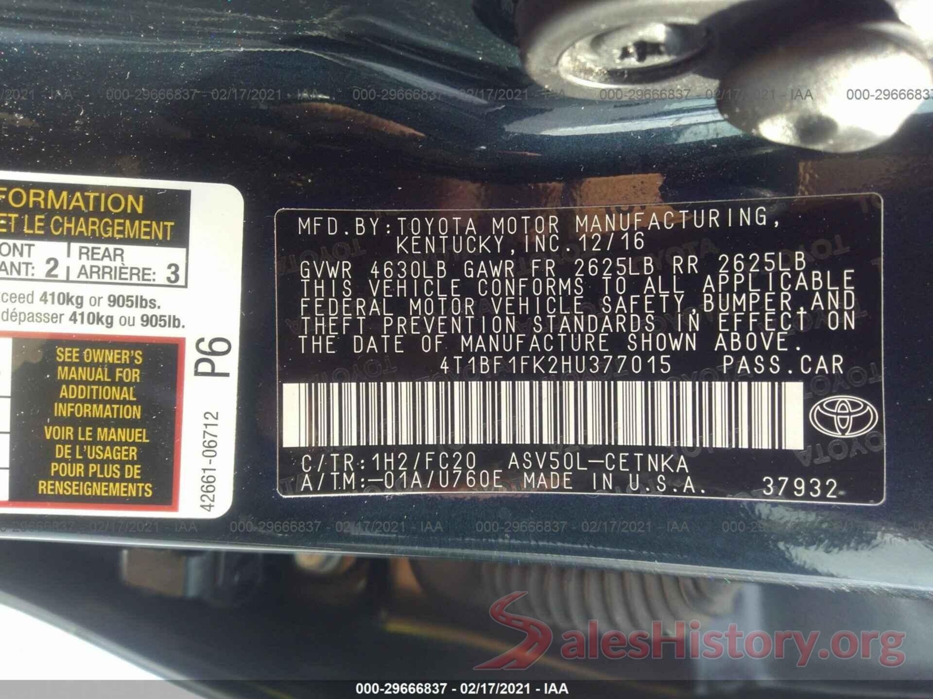 4T1BF1FK2HU377015 2017 TOYOTA CAMRY