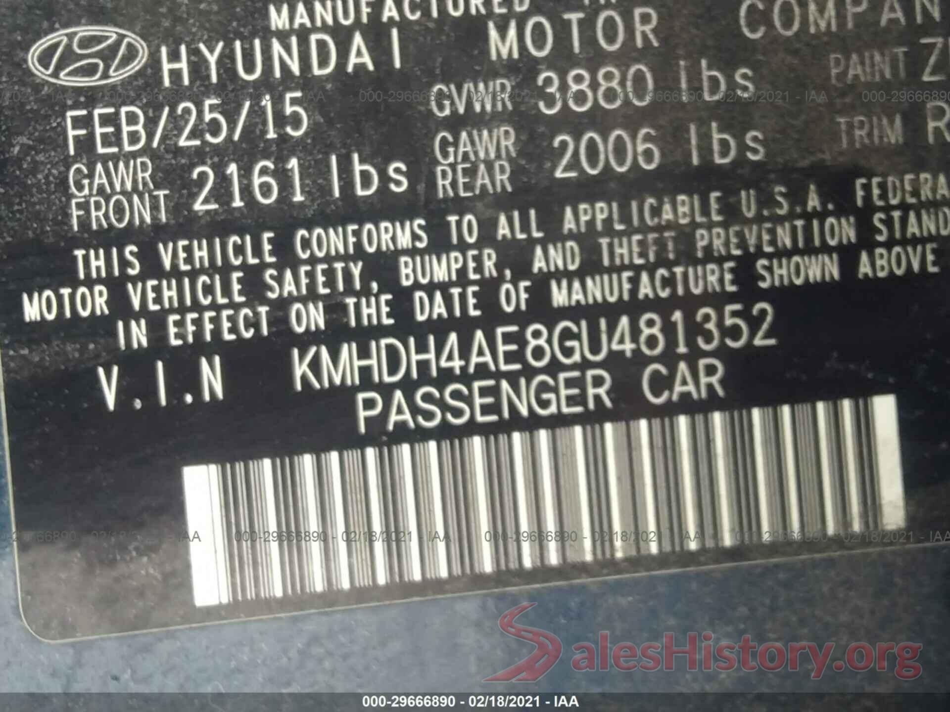 KMHDH4AE8GU481352 2016 HYUNDAI ELANTRA