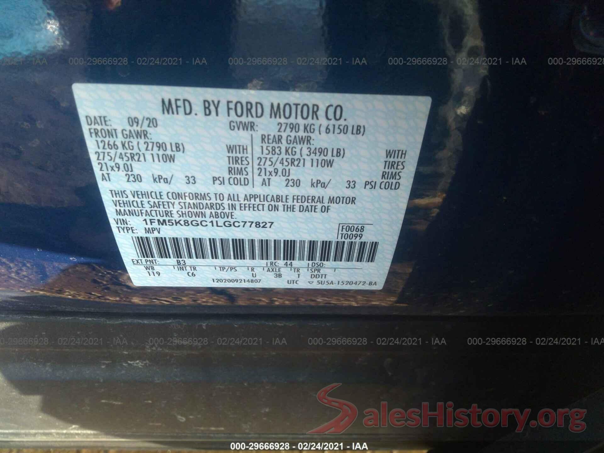 1FM5K8GC1LGC77827 2020 FORD EXPLORER