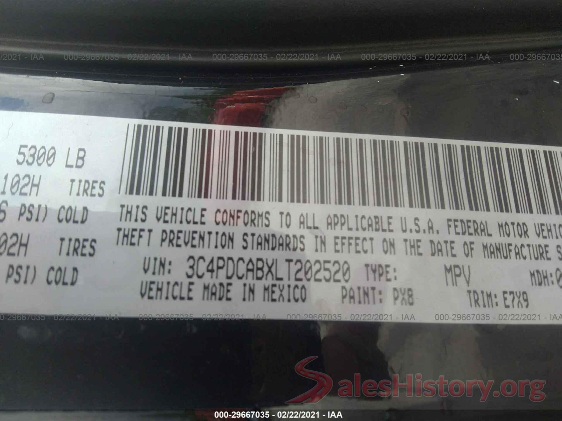 3C4PDCABXLT202520 2020 DODGE JOURNEY