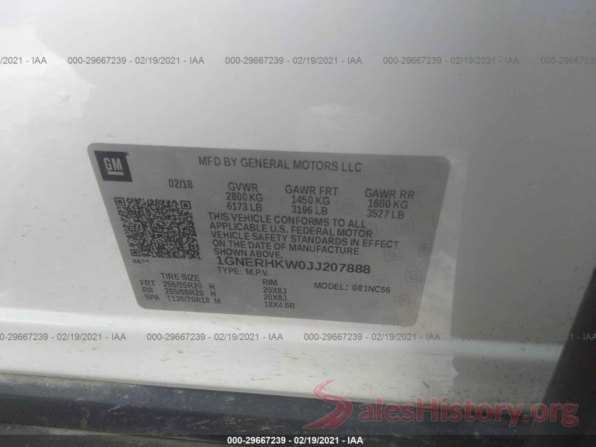 1GNERHKW0JJ207888 2018 CHEVROLET TRAVERSE