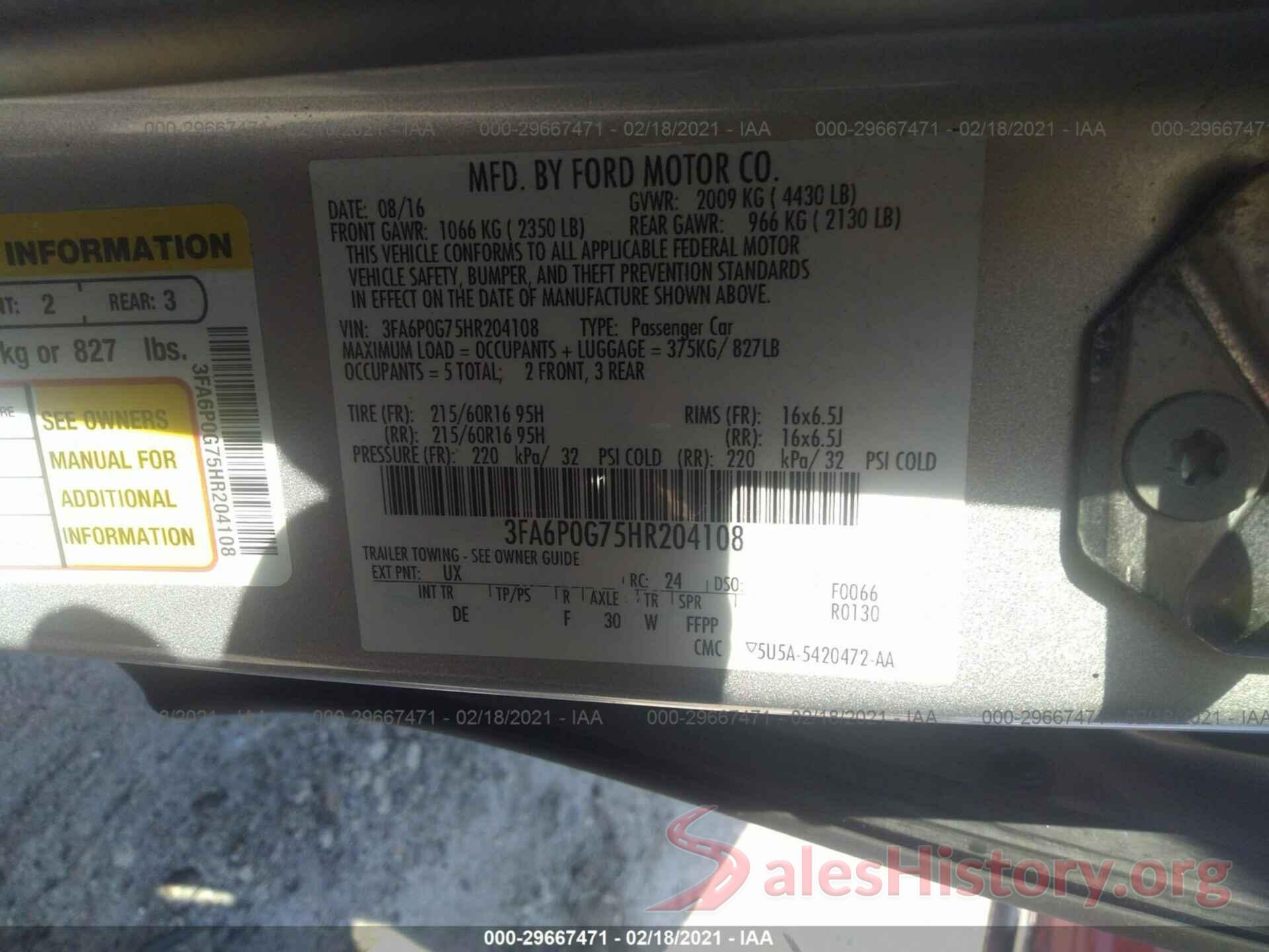 3FA6P0G75HR204108 2017 FORD FUSION